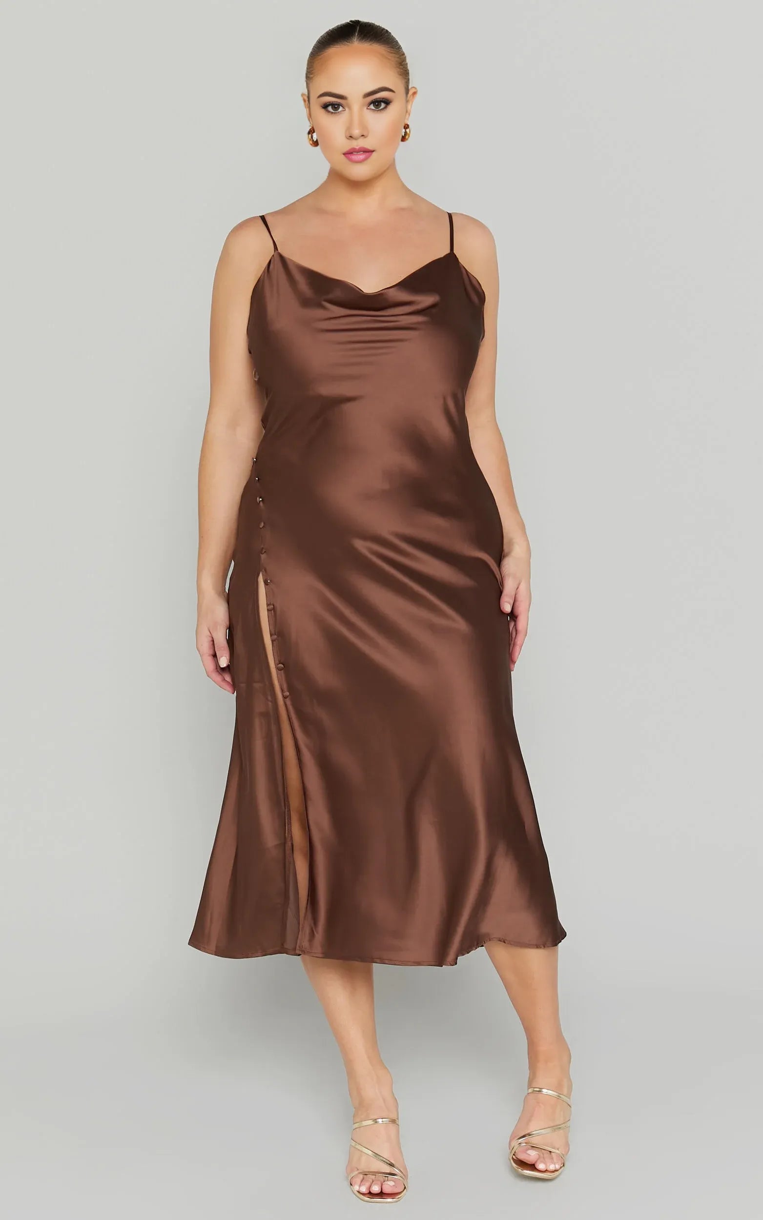 Weitese Dress Simple Cowl Neck Thigh Slit Slip Chocolate Midi Dress Spaghetti Straps Solid Color Sleeveless Party Evening Dress