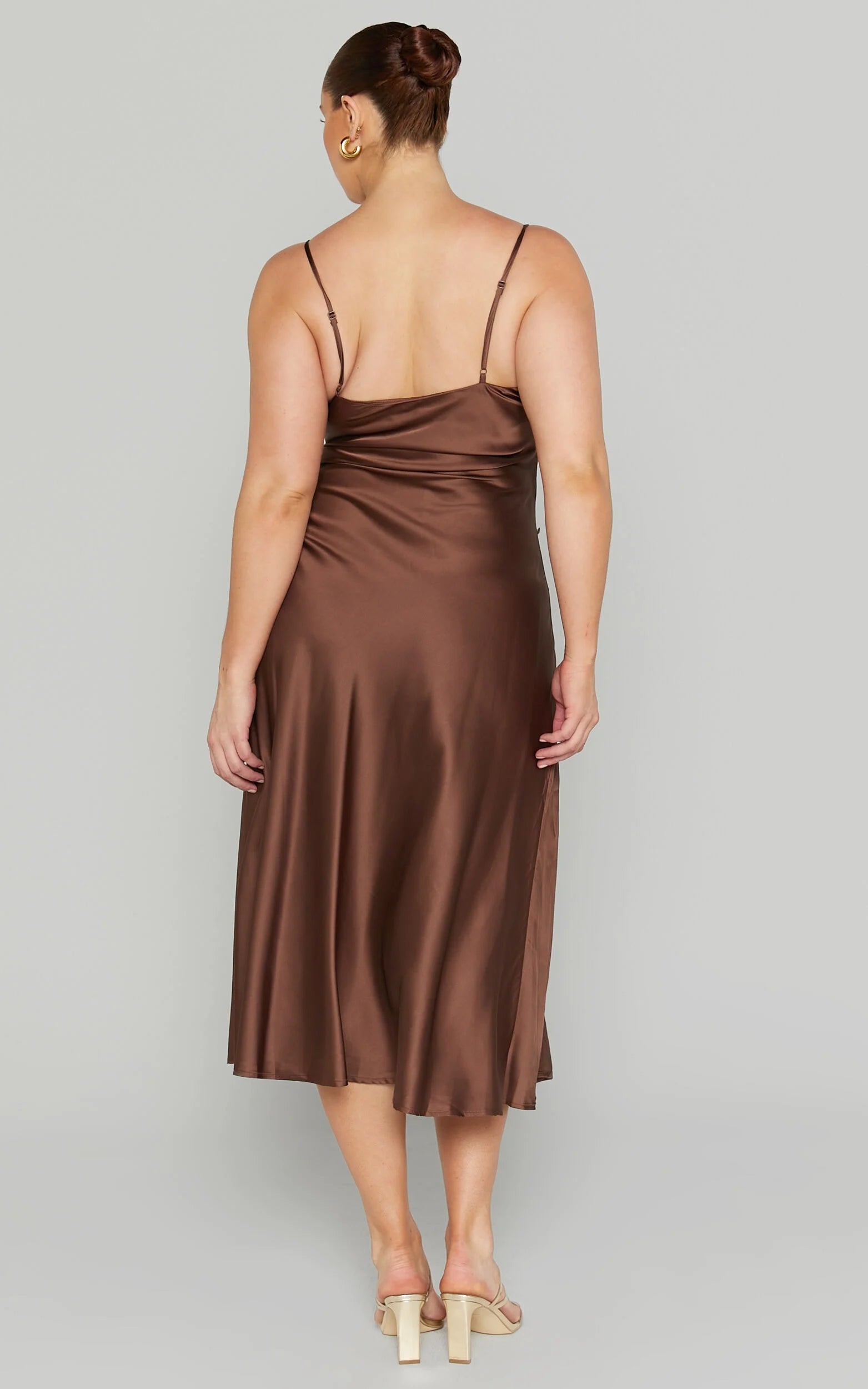Weitese Dress Simple Cowl Neck Thigh Slit Slip Chocolate Midi Dress Spaghetti Straps Solid Color Sleeveless Party Evening Dress