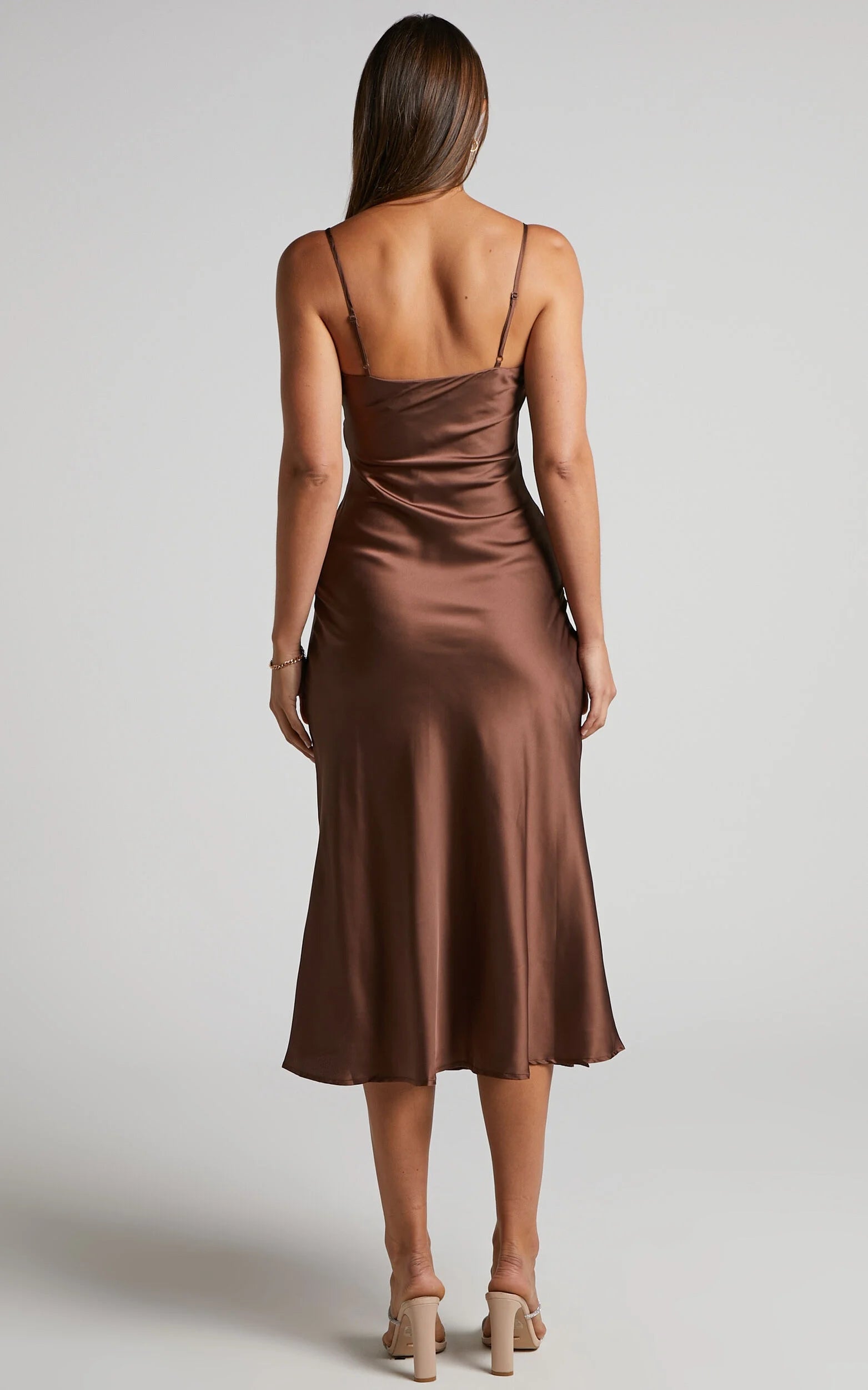 Weitese Dress Simple Cowl Neck Thigh Slit Slip Chocolate Midi Dress Spaghetti Straps Solid Color Sleeveless Party Evening Dress