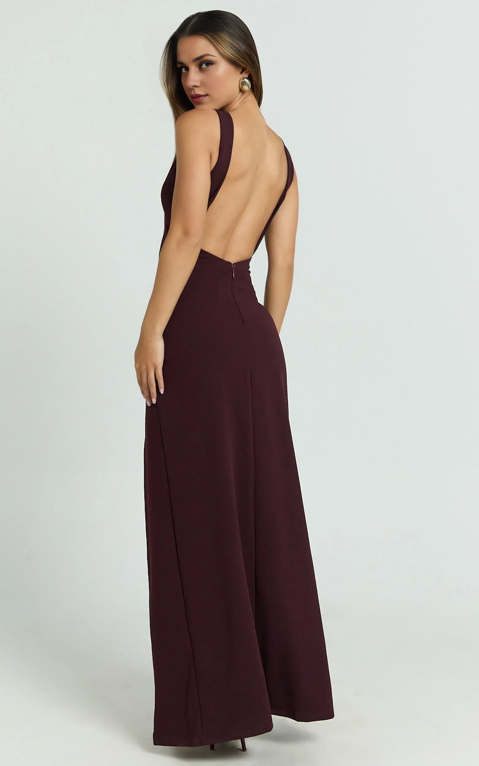 Weitese Dress Simple Deep V Neck Low Back Bodycon Maxi Dress Solid Color Black Sleeveless Backless Party Evening Dress With Slit