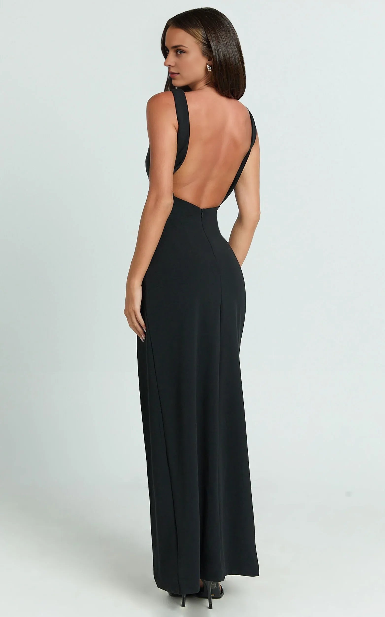 Weitese Dress Simple Deep V Neck Low Back Bodycon Maxi Dress Solid Color Black Sleeveless Backless Party Evening Dress With Slit