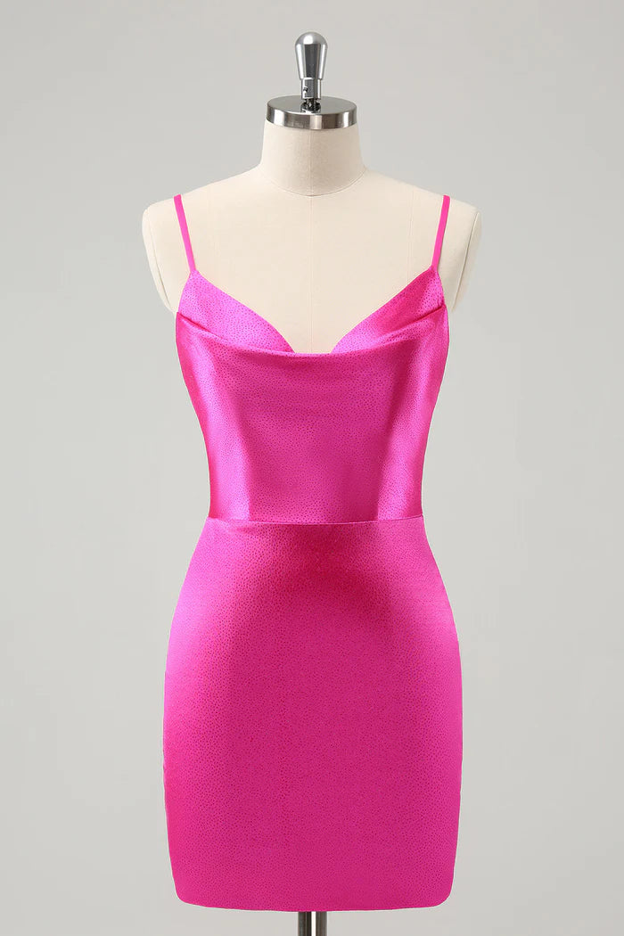 Weitese Dress Simple Hot Pink Cowl Neck Backless Tight Short Homecoming Dress Sleeveless Party Dress