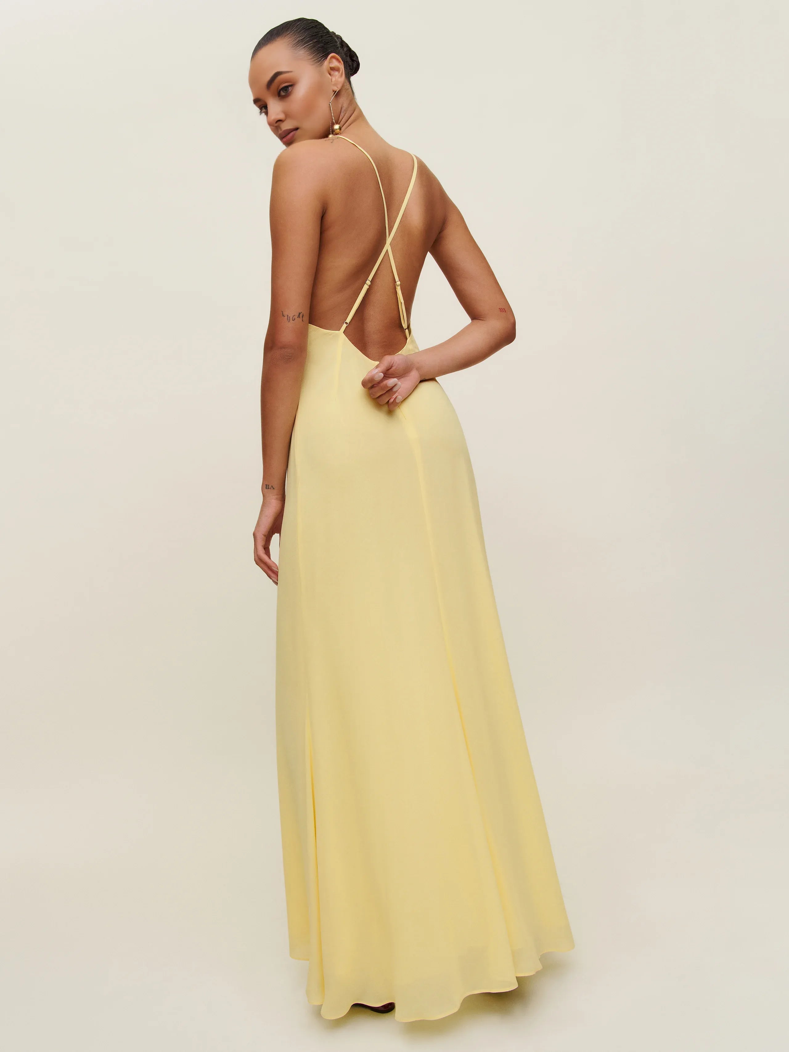 Robe Weitese simple, col en V, sans manches, coupe trapèze, robe de bal, robe longue, dos nu, robe de soirée avec fente 