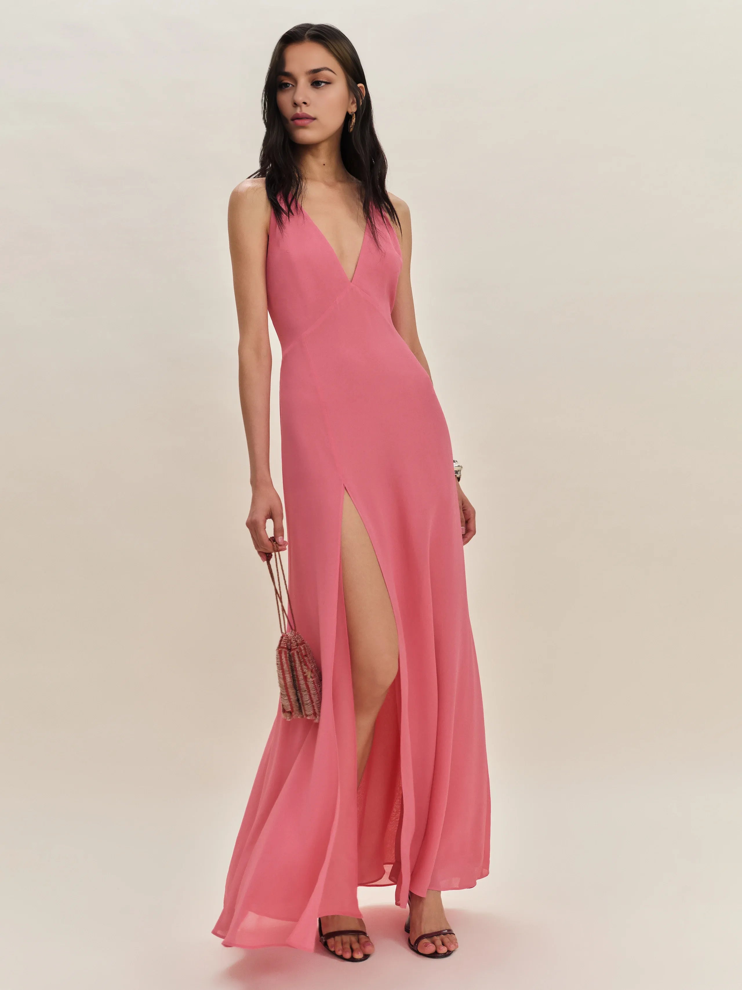 Robe Weitese simple, col en V, sans manches, coupe trapèze, robe de bal, robe longue, dos nu, robe de soirée avec fente 