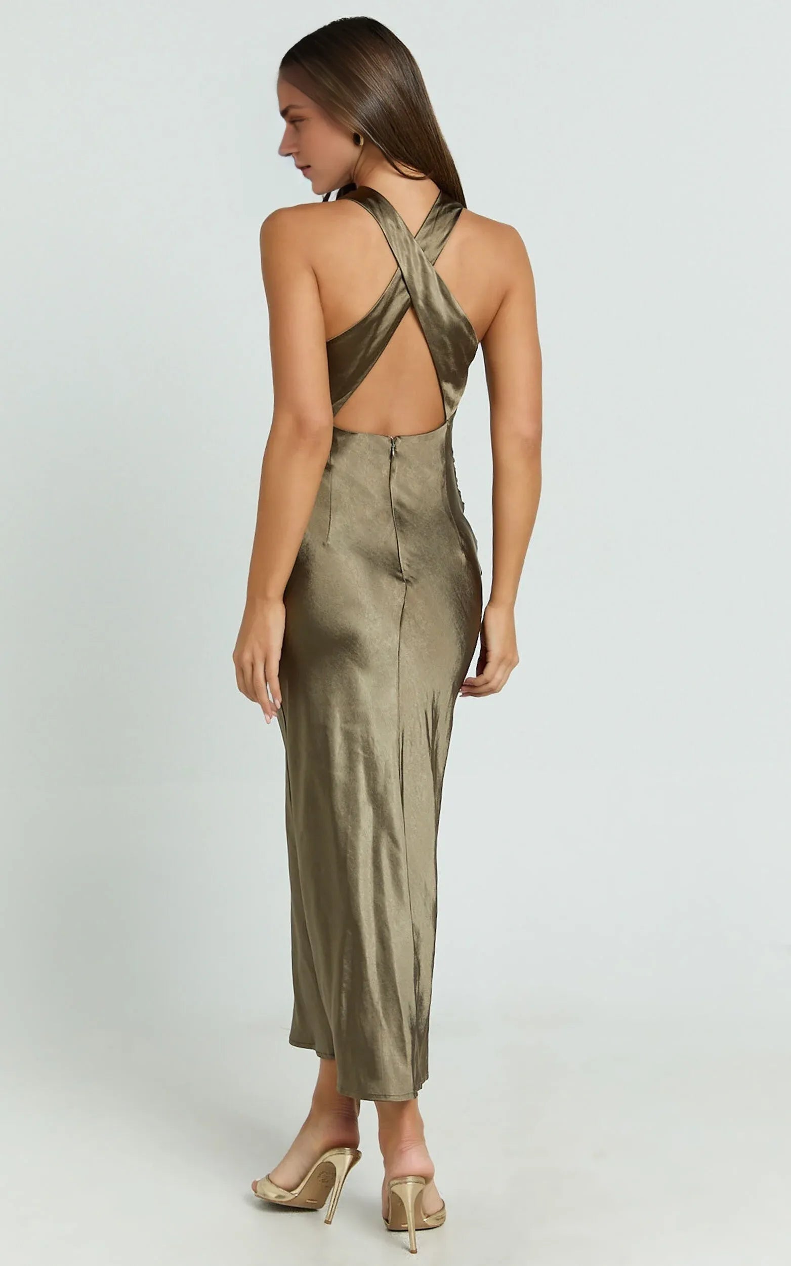 Weitese Dress Simple High Neck Cross Back Satin Slip Olive Midi Dress Solid Color Sleeveless Backless Satin Party Evening Dress