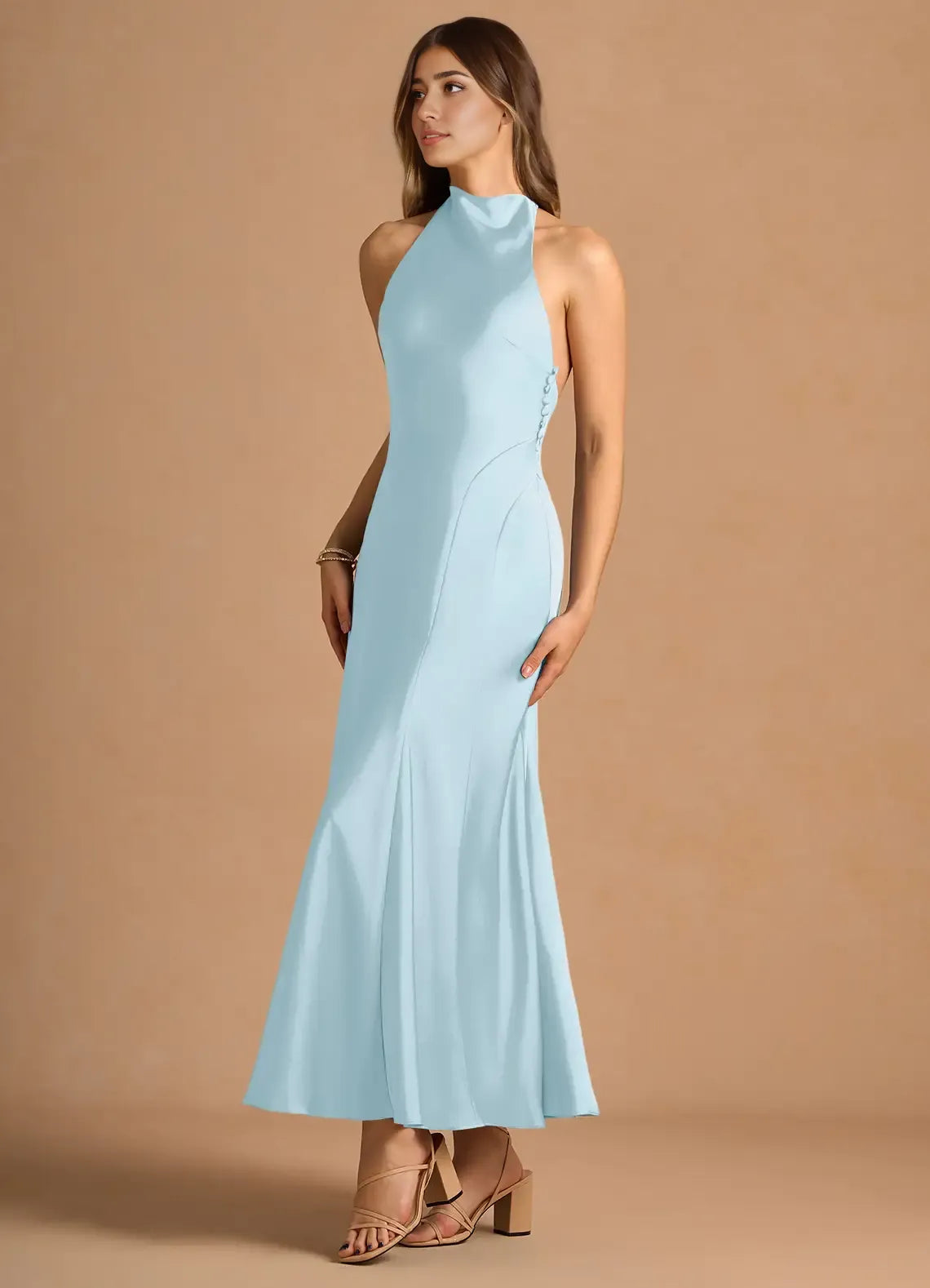 Robe Weitese simple, col haut, sans manches, dos nu, plissée, coupe trapèze, robe de soirée, longueur thé, robe de bal 