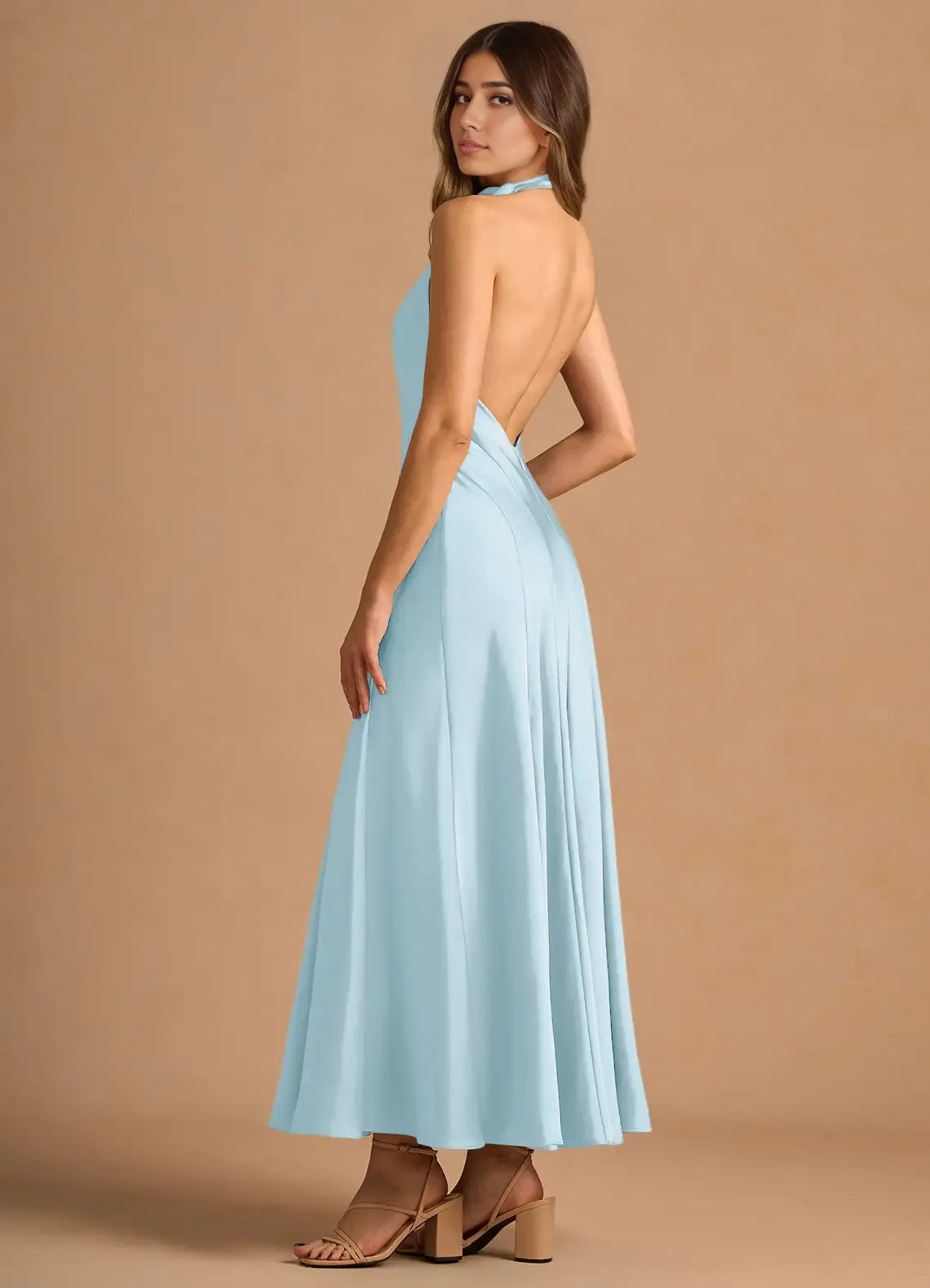 Robe Weitese simple, col haut, sans manches, dos nu, plissée, coupe trapèze, robe de soirée, longueur thé, robe de bal 