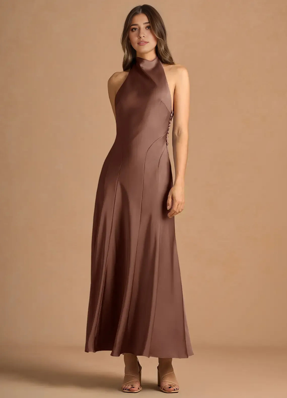 Robe Weitese simple, col haut, sans manches, dos nu, plissée, coupe trapèze, robe de soirée, longueur thé, robe de bal 