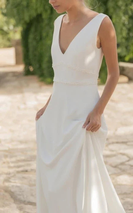 Weitese Dress Simple Jewel-neck Sheath Chiffon Bride Dress Low-V Back With Cape Wedding Dress