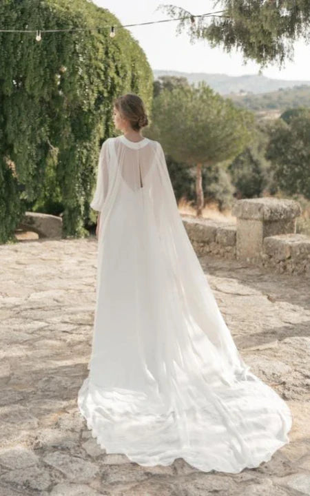 Weitese Dress Simple Jewel-neck Sheath Chiffon Bride Dress Low-V Back With Cape Wedding Dress
