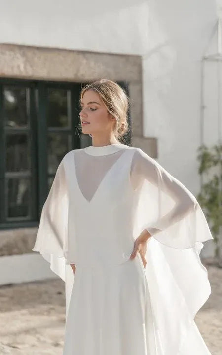 Weitese Dress Simple Jewel-neck Sheath Chiffon Bride Dress Low-V Back With Cape Wedding Dress