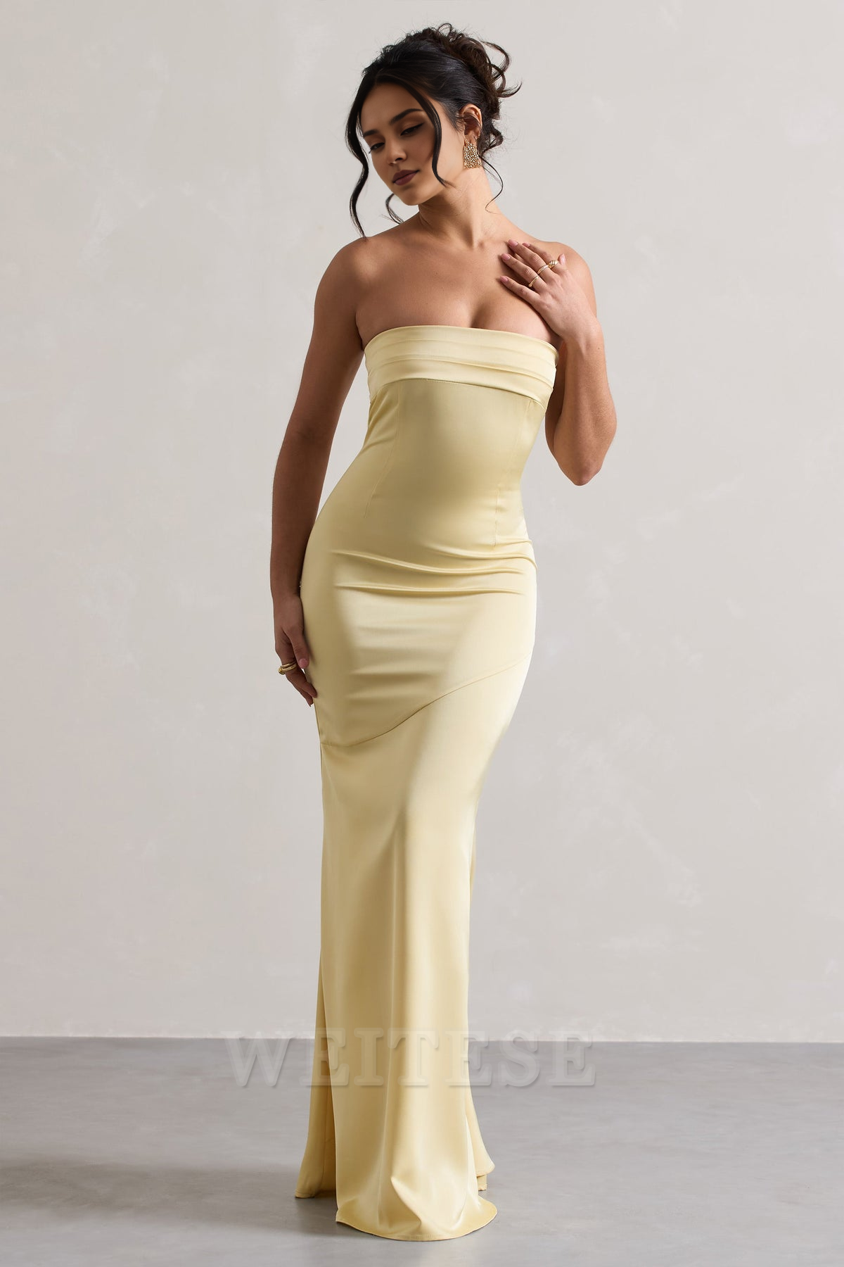 Weitese Dress Simple Lemon Satin Pleated Bandeau Maxi Dress Bridesmaid Dress Strapless Mermaid Long Mermaid Prom Dress