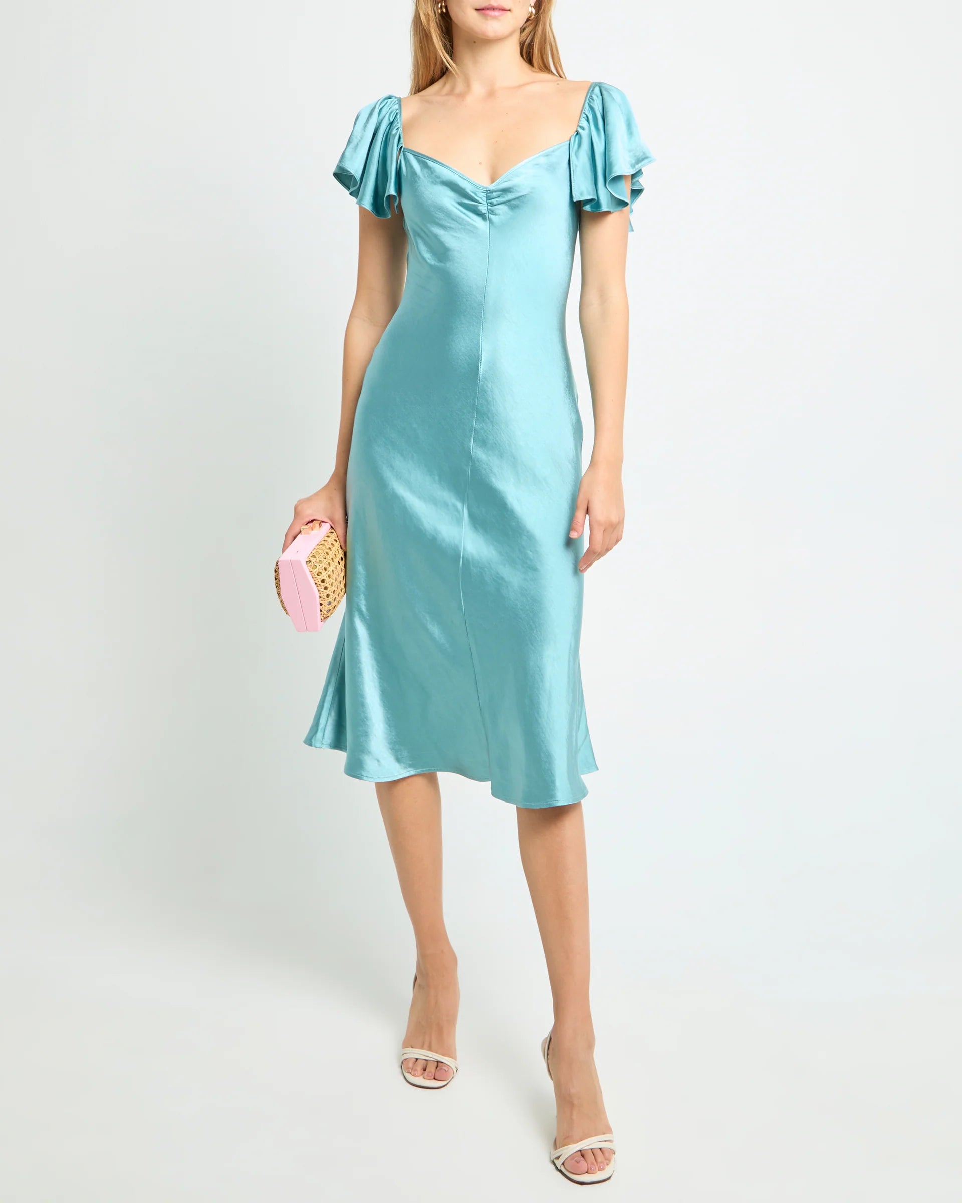 Weitese Dress Simple Mermaid Tea-Length Flutter Sleeve Party Dresses Sweetheart Neck Satin Pleated Open Back Evening Dress