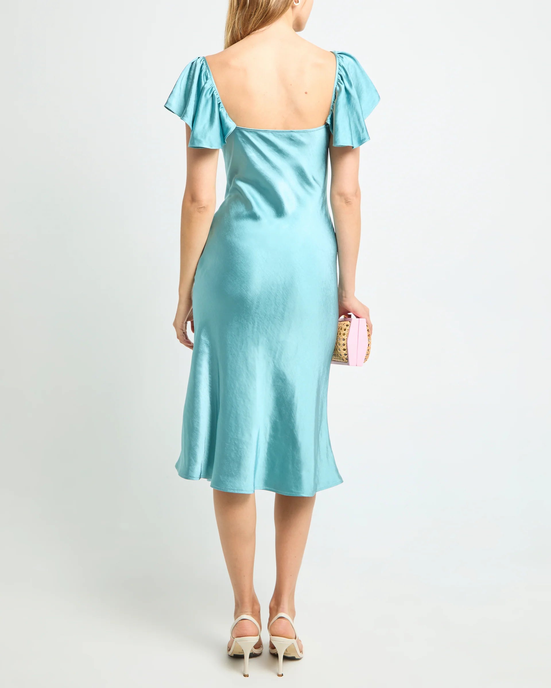 Weitese Dress Simple Mermaid Tea-Length Flutter Sleeve Party Dresses Sweetheart Neck Satin Pleated Open Back Evening Dress