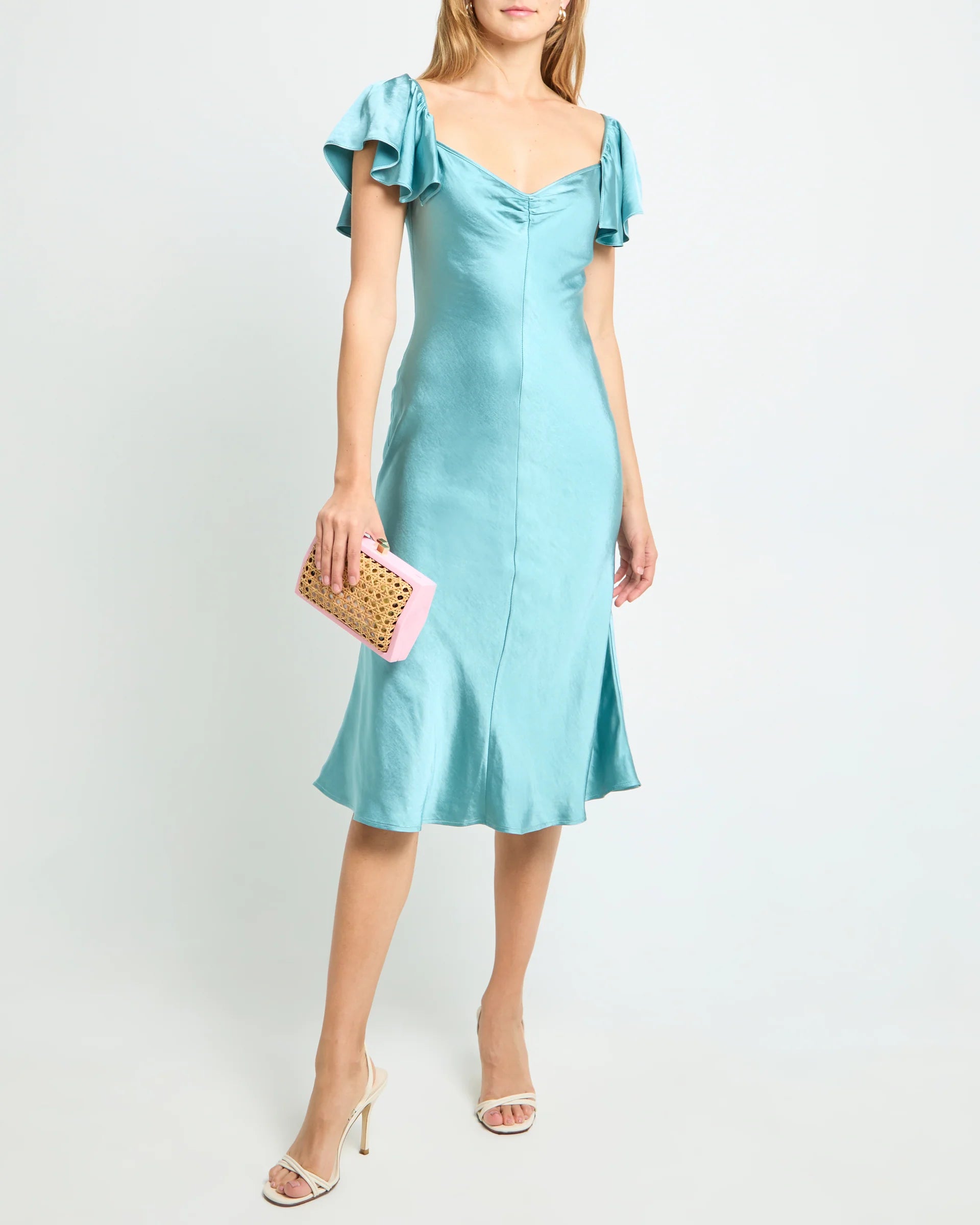 Weitese Dress Simple Mermaid Tea-Length Flutter Sleeve Party Dresses Sweetheart Neck Satin Pleated Open Back Evening Dress