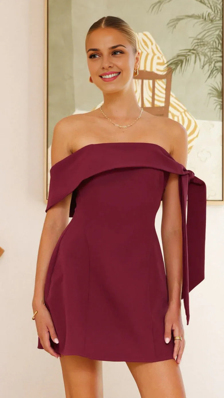 Weitese Dress Simple Off Shoulder Mini Dress Wine A-line Backless Solid Color Sleeveless Homecoming Dress