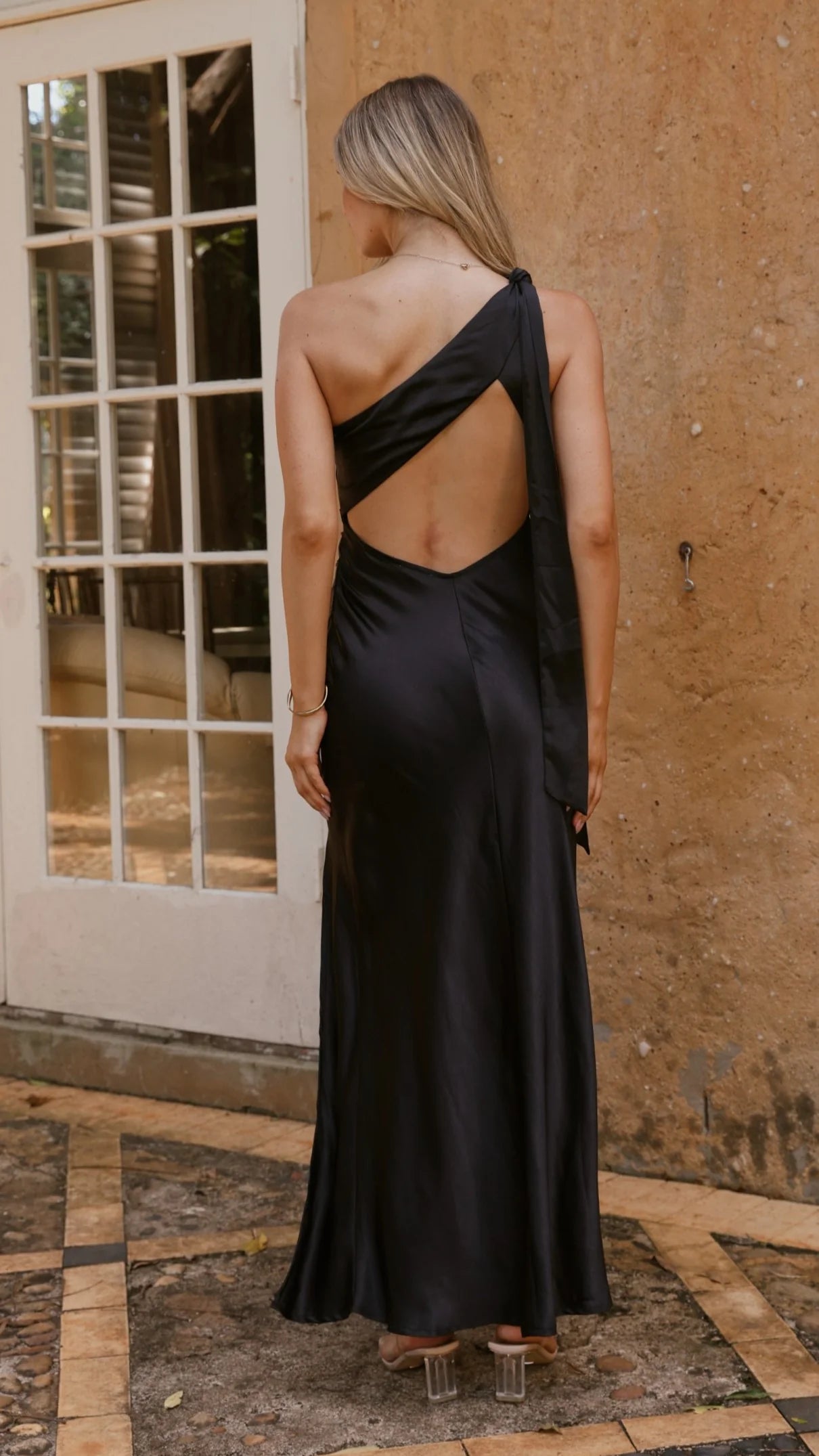 Weitese Dress Simple One Shoulder Maxi Dress Black Sheath Backless Solid Color Sleeveless Prom Dress