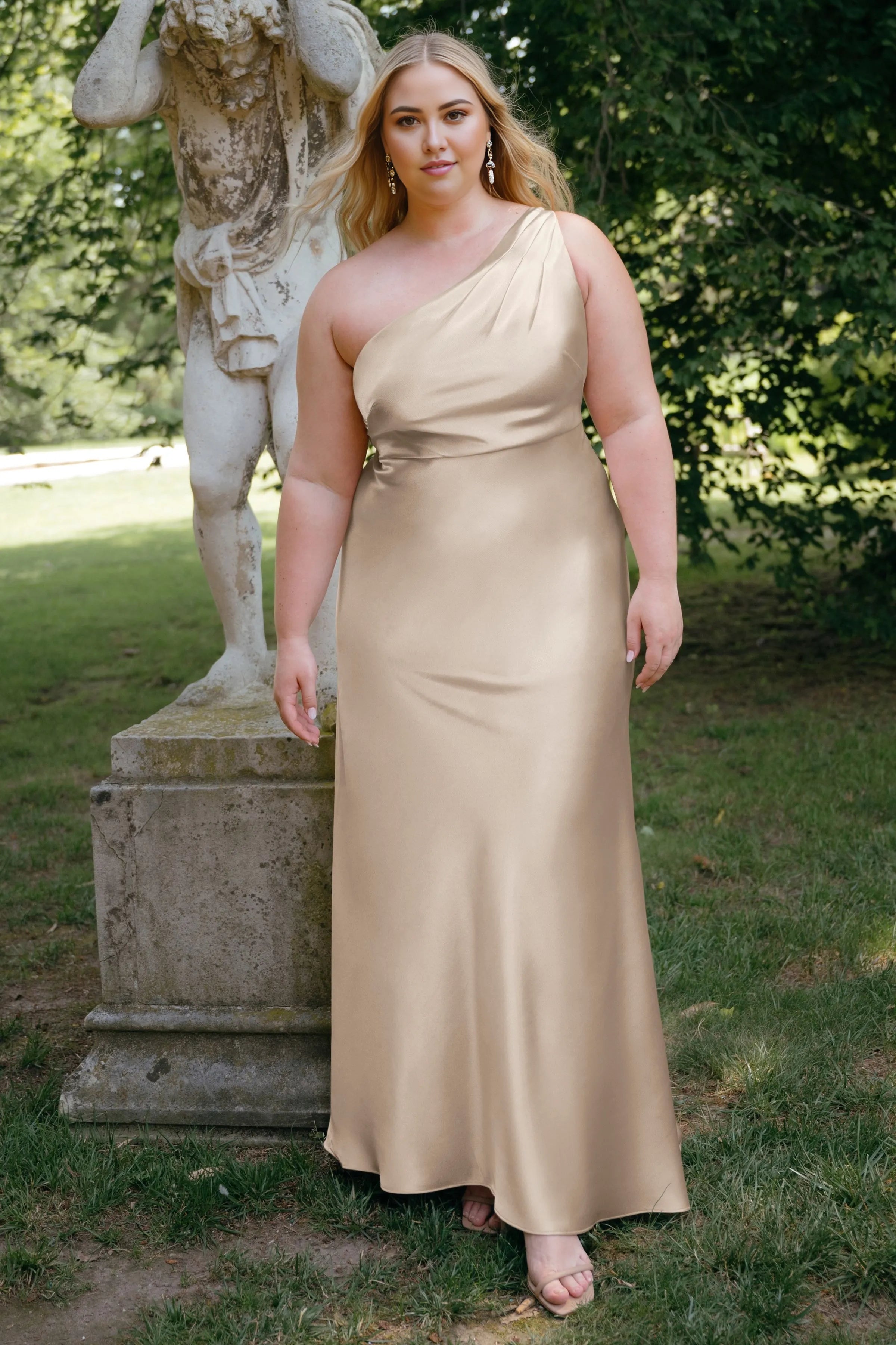 Weitese Dress Simple One Shoulder Sleeveless Open Back Satin Evening Dress Bridesmaid Dress Floor-Length Sheath Solid Color Prom Dress