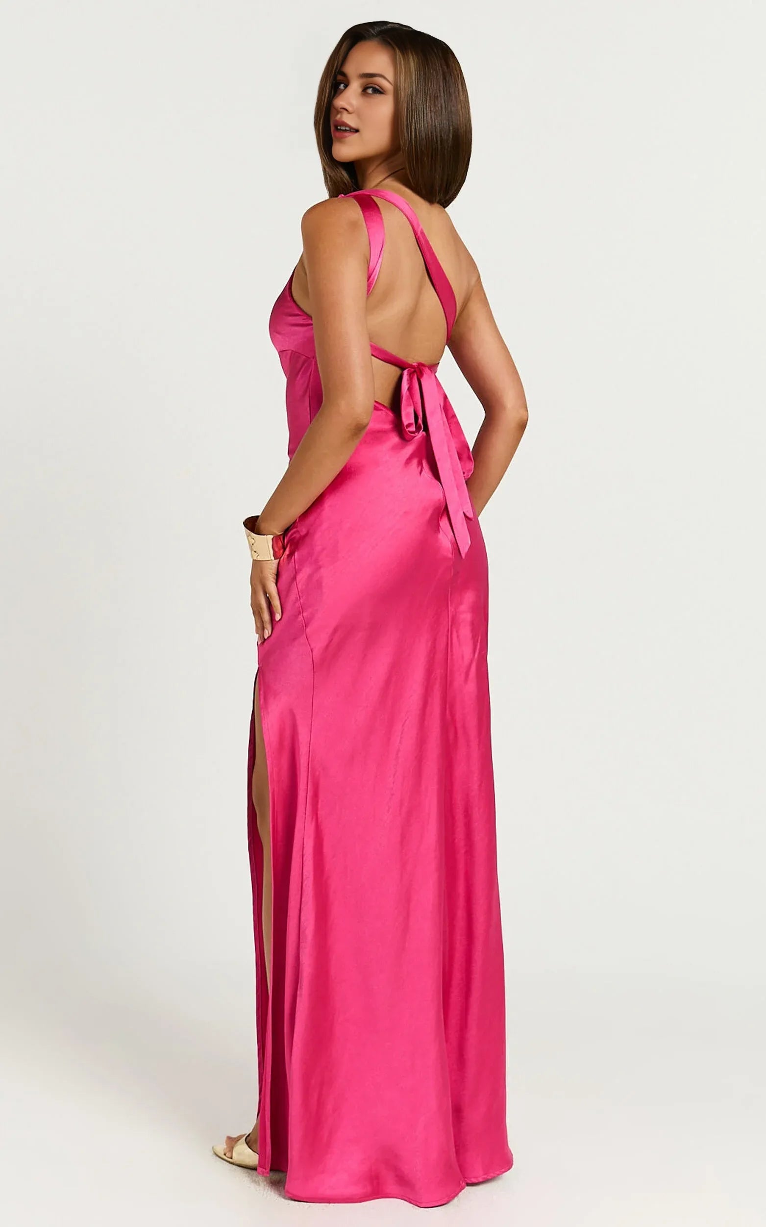 Weitese Dress Simple One Shoulder Tie Back Maxi Dress Solid Color Emerald Sleeveless Backless Party Evening Dress With Slit
