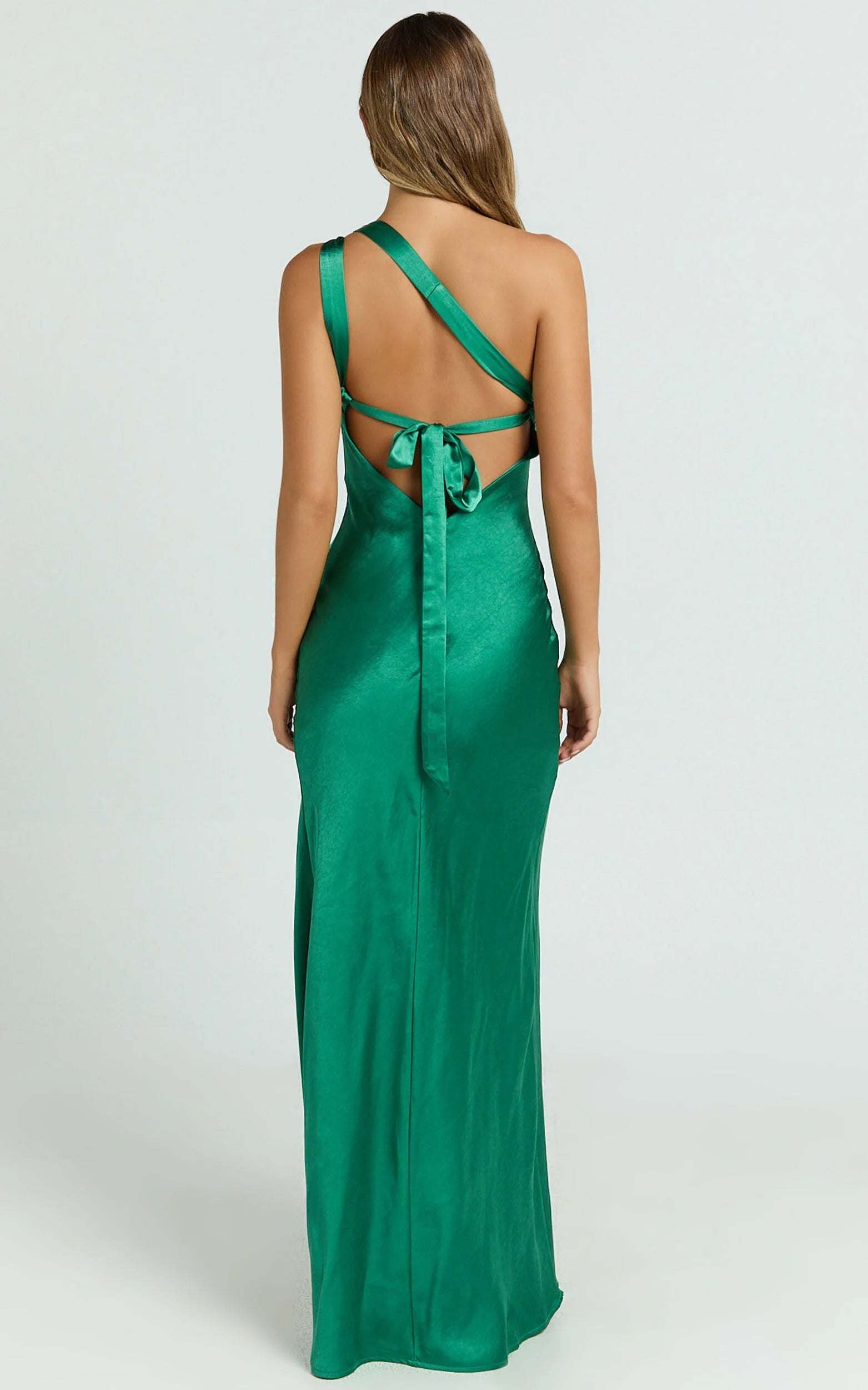 Weitese Dress Simple One Shoulder Tie Back Maxi Dress Solid Color Emerald Sleeveless Backless Party Evening Dress With Slit