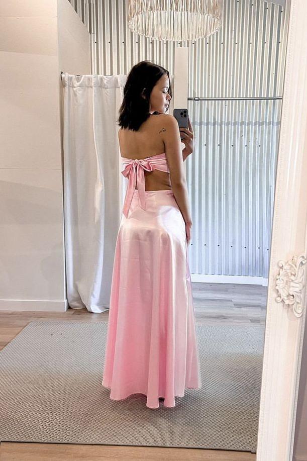 Weitese Dress Simple Pink Strapless Prom Dress Sleeveless Floor Length Formal Wear Dresses