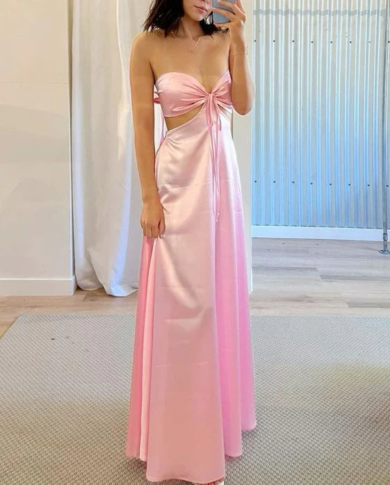 Weitese Dress Simple Pink Strapless Prom Dress Sleeveless Floor Length Formal Wear Dresses