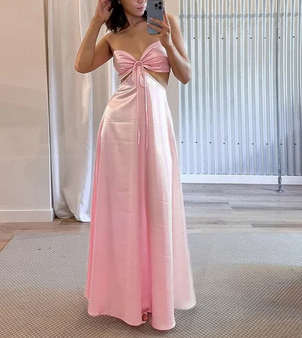 Weitese Dress Simple Pink Strapless Prom Dress Sleeveless Floor Length Formal Wear Dresses