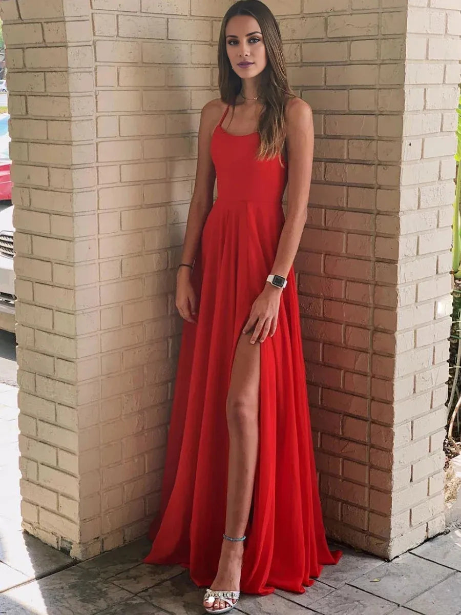 Weitese Dress Simple Red A Line Backless Chiffon Long Prom Dresses with Leg Slit