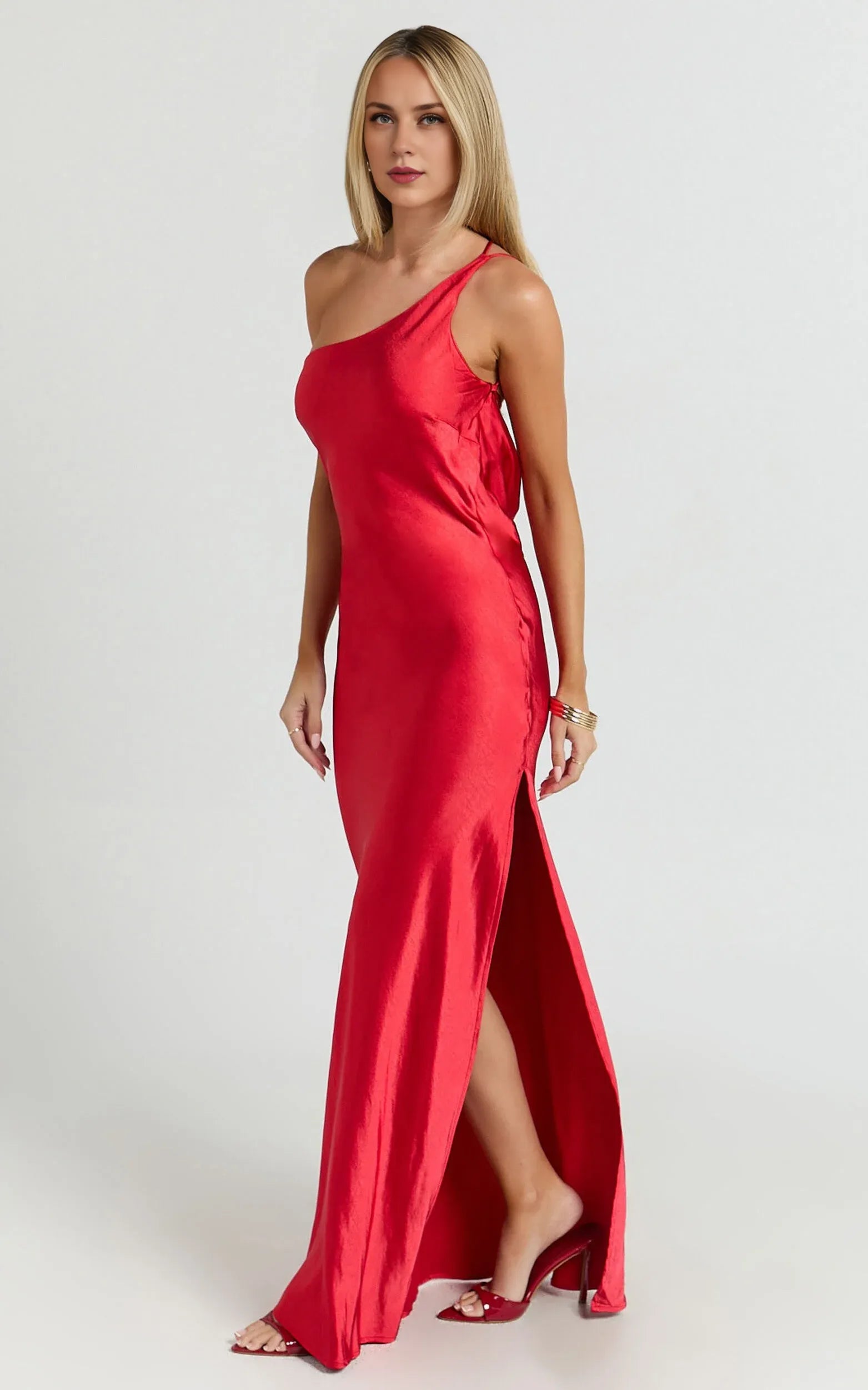 Weitese Dress Simple Satin One Shoulder Cowl Back Bias Cut Maxi Dress Solid Color Red Sleeveless Backless Party Evening Dress
