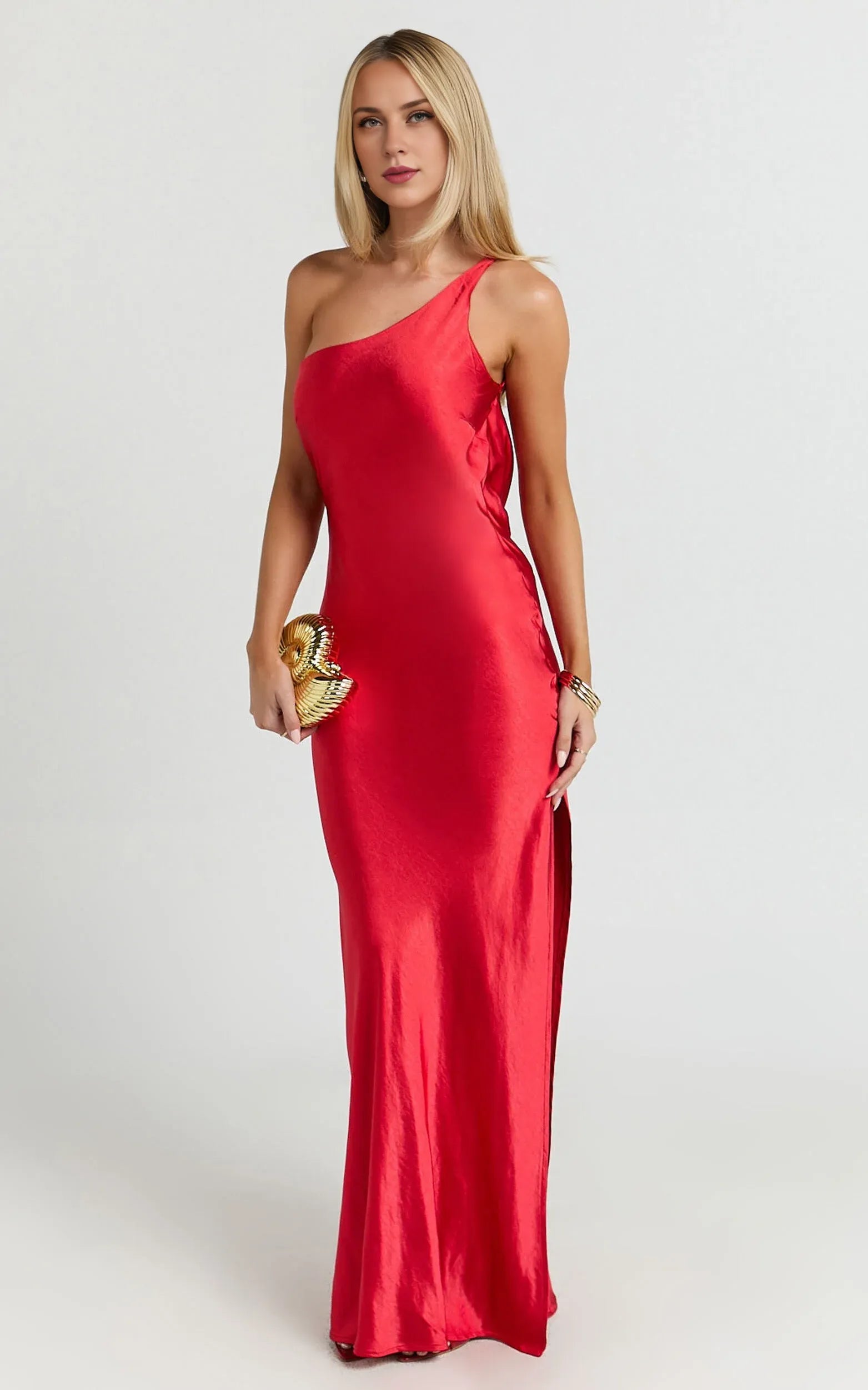 Weitese Dress Simple Satin One Shoulder Cowl Back Bias Cut Maxi Dress Solid Color Red Sleeveless Backless Party Evening Dress
