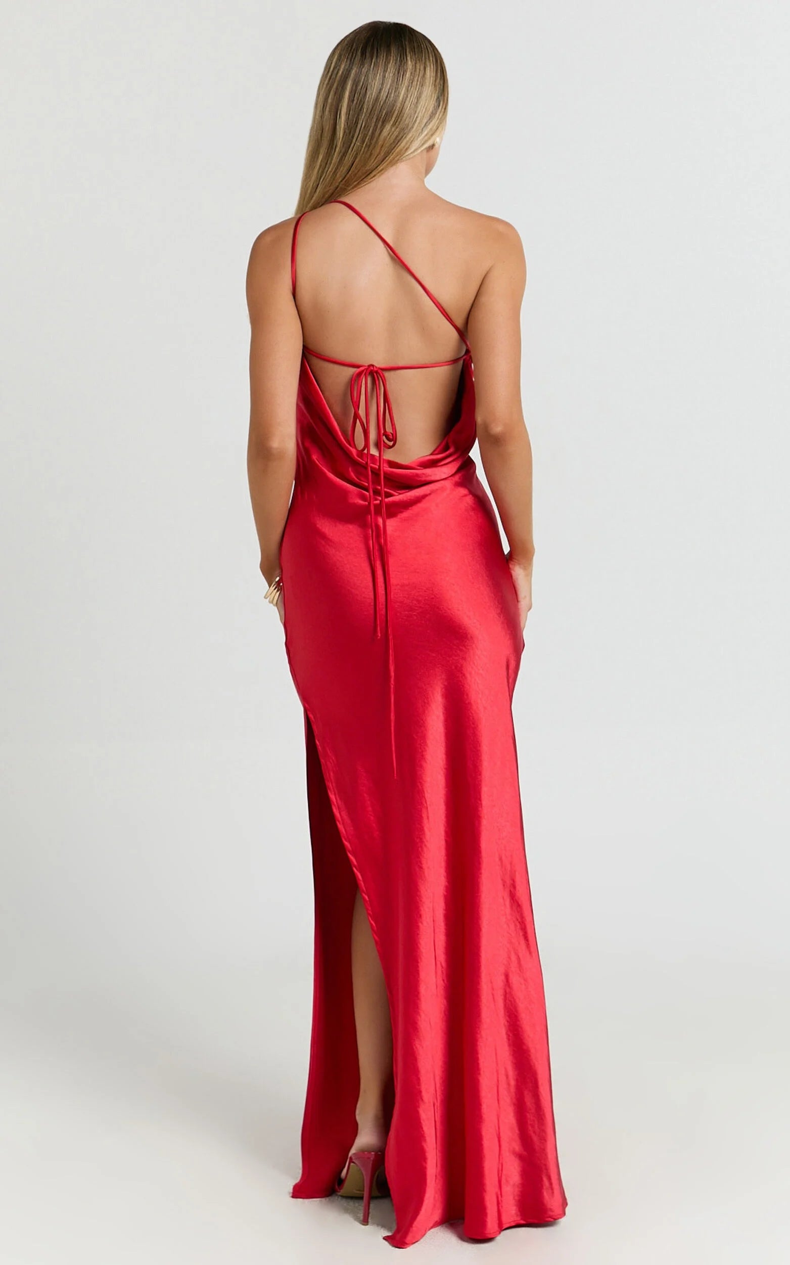 Weitese Dress Simple Satin One Shoulder Cowl Back Bias Cut Maxi Dress Solid Color Red Sleeveless Backless Party Evening Dress