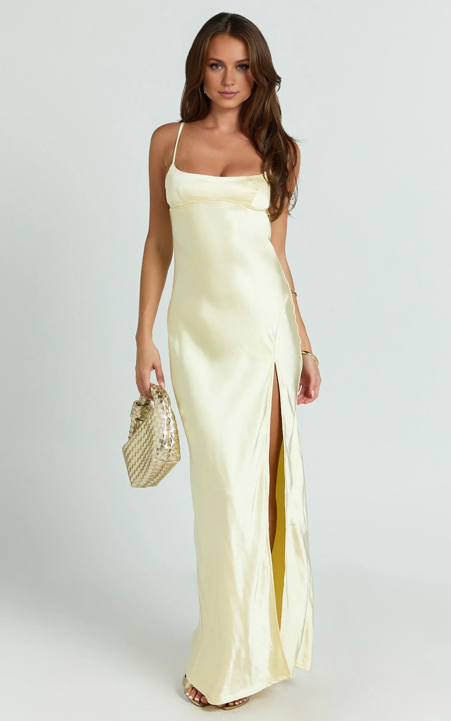 Weitese Dress Simple Satin Scoop Neck Low Tie Back Slip Maxi Dress Lemon Square Neck Column Solid Color Evening Dress