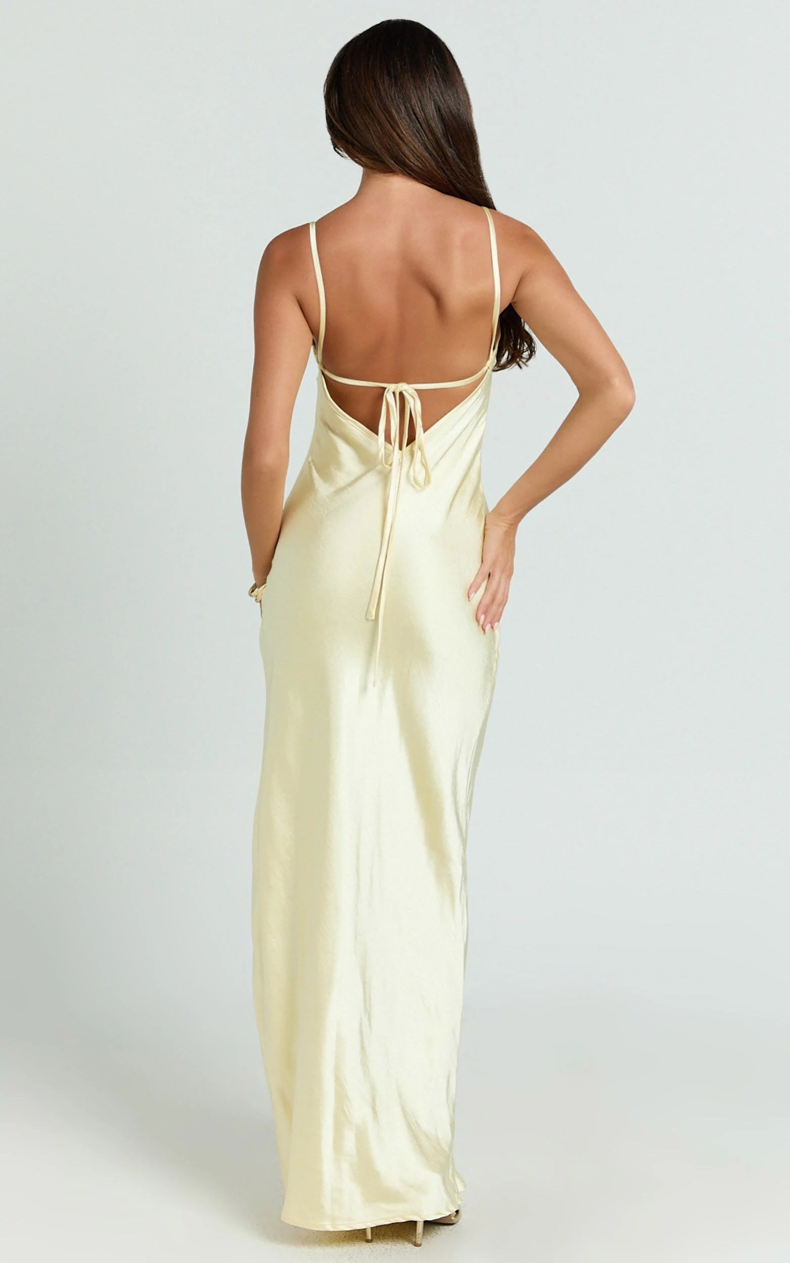 Weitese Dress Simple Satin Scoop Neck Low Tie Back Slip Maxi Dress Lemon Square Neck Column Solid Color Evening Dress