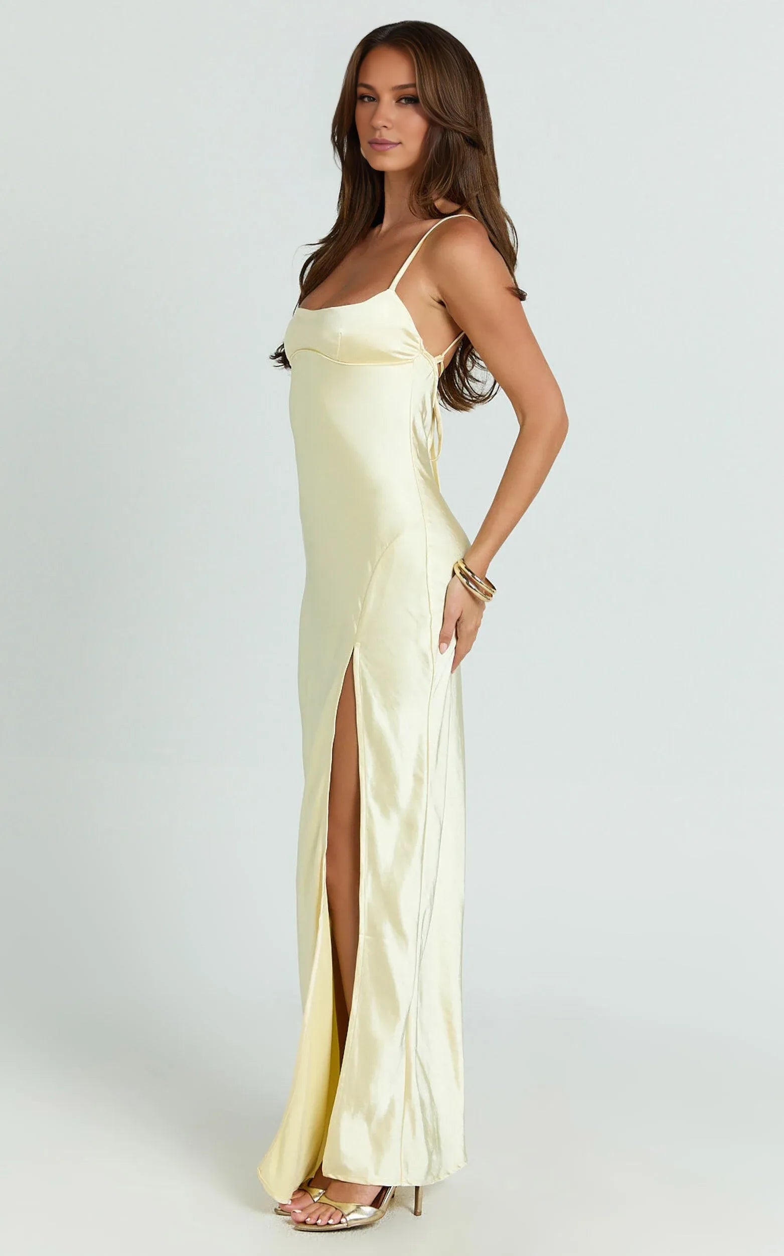 Weitese Dress Simple Satin Scoop Neck Low Tie Back Slip Maxi Dress Lemon Square Neck Column Solid Color Evening Dress