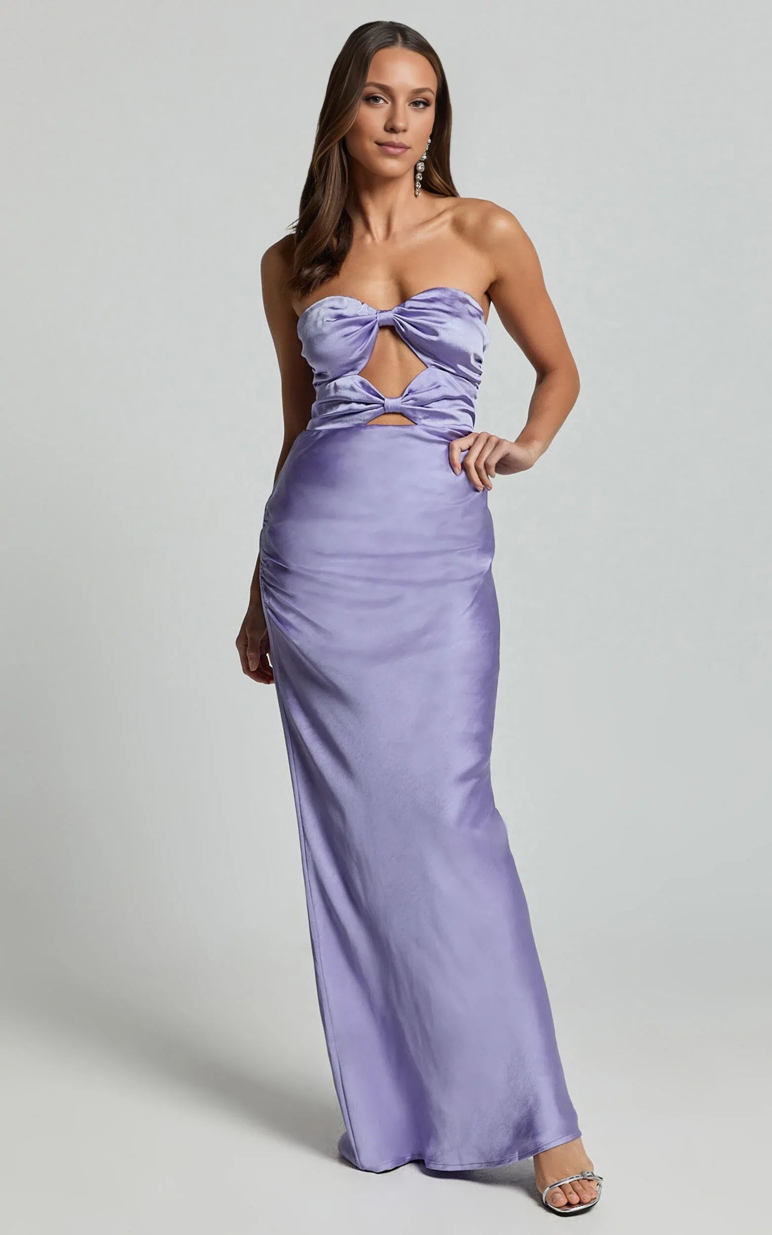 Weitese Dress Simple Satin Strapless Cut Out Maxi Dress Lilac Sheath Sleeveless Backless Evening Dress