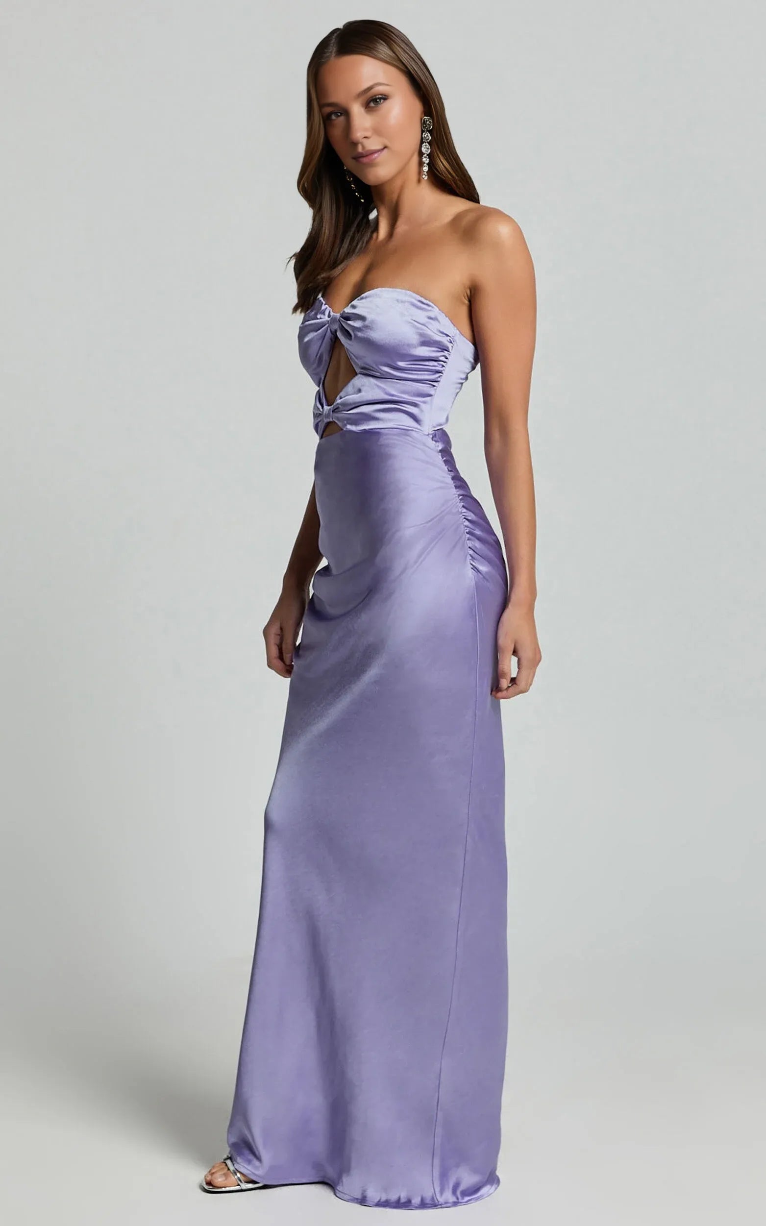 Weitese Dress Simple Satin Strapless Cut Out Maxi Dress Lilac Sheath Sleeveless Backless Evening Dress