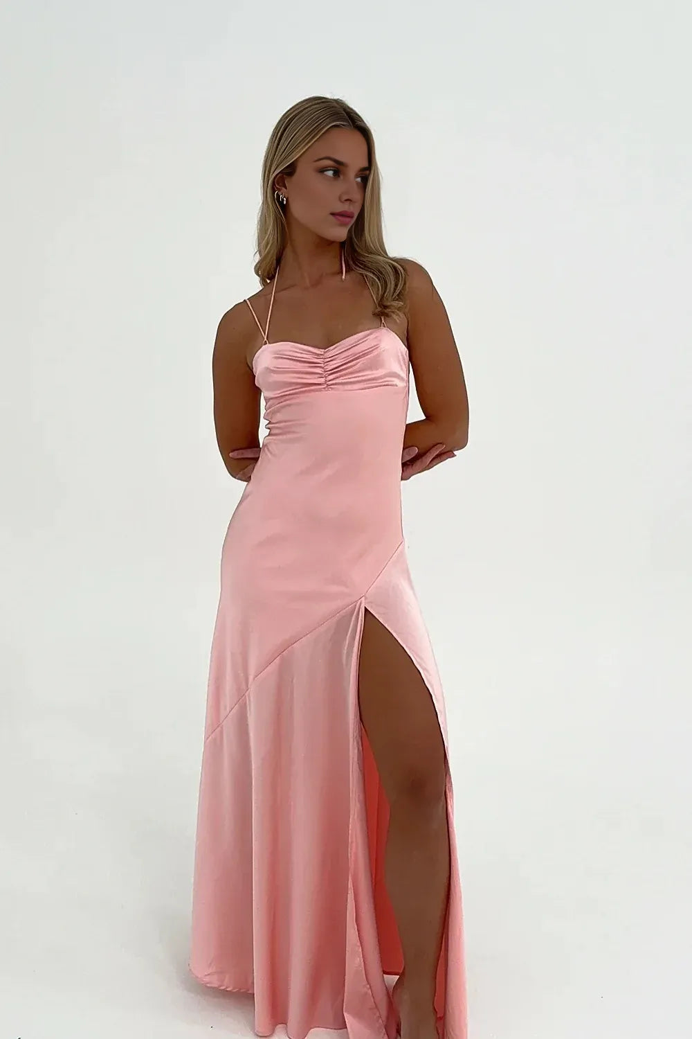 Weitese Dress Simple Sheath Spaghetti Straps Pink Long Party Dress with Split Front