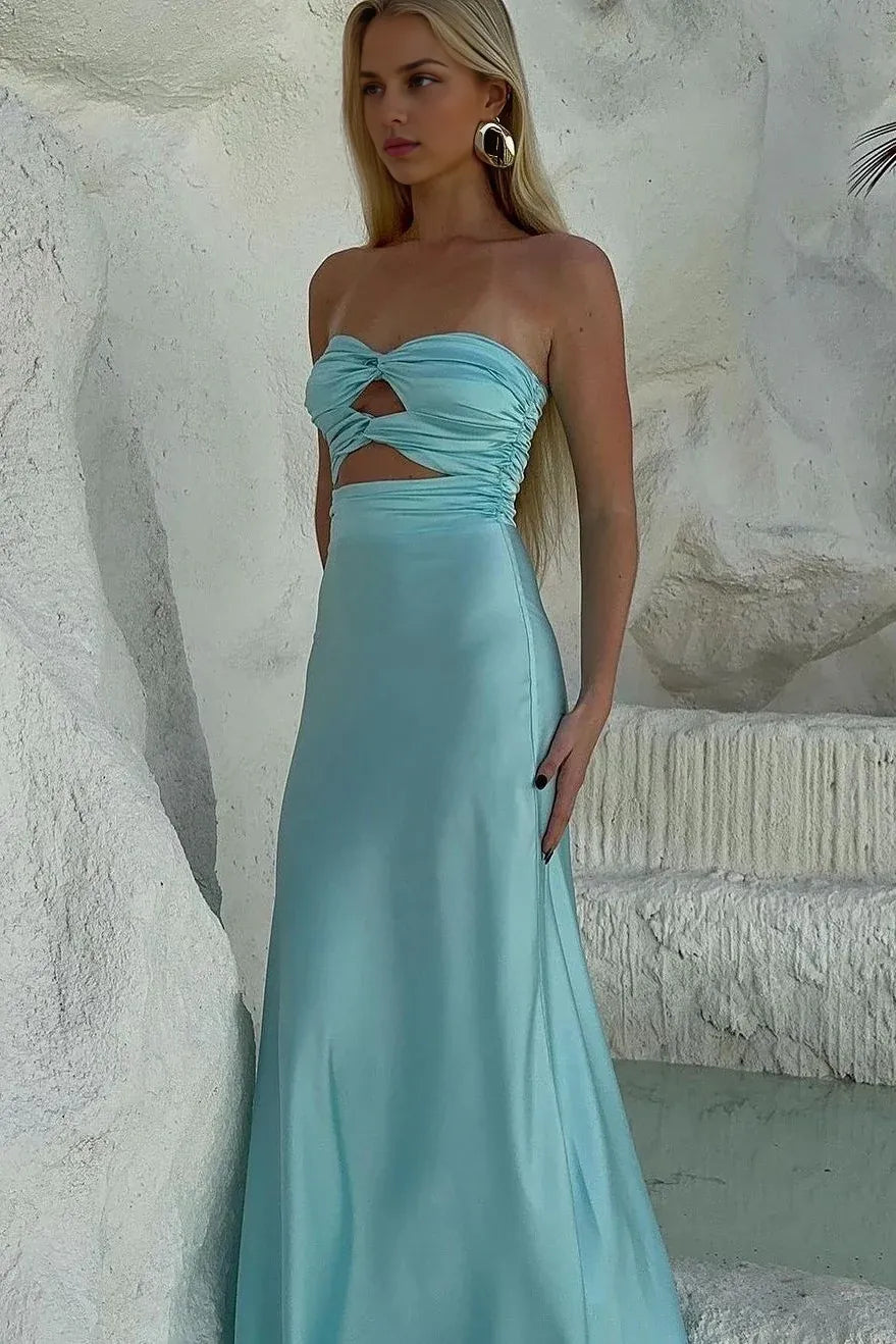 Weitese Dress Simple Sheath Sweetheart Blue Long Prom Dress with Keyhole