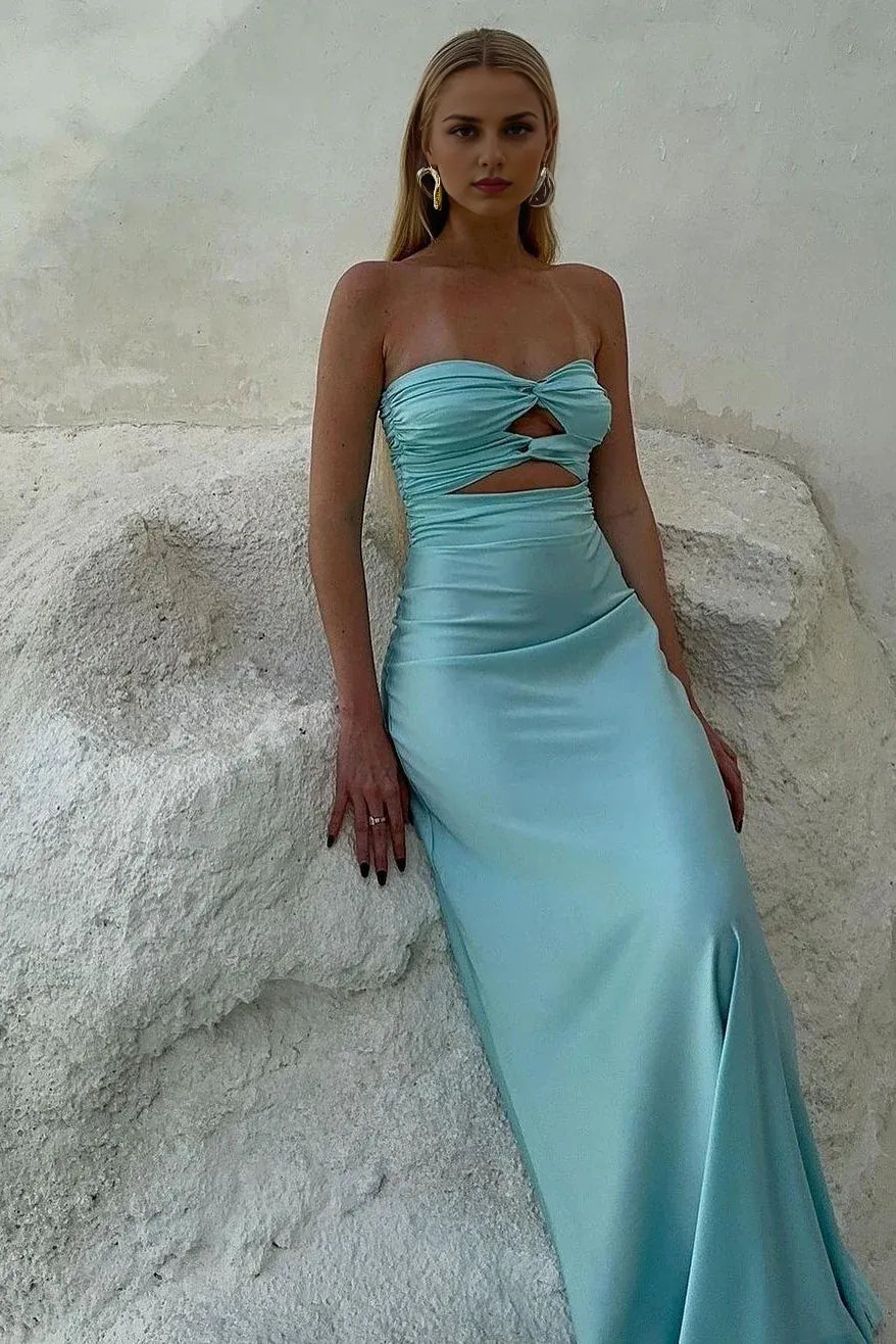 Weitese Dress Simple Sheath Sweetheart Blue Long Prom Dress with Keyhole