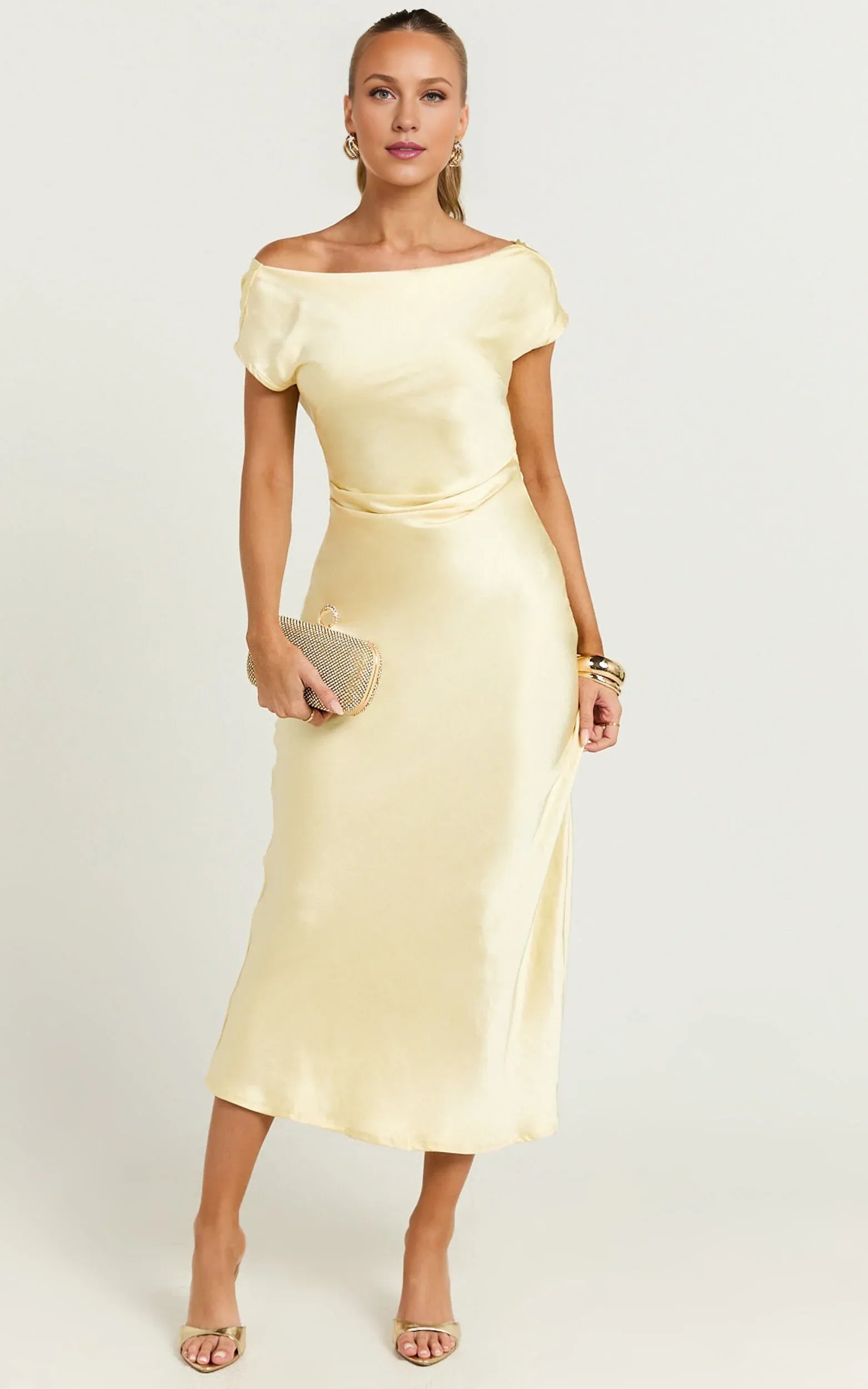 Weitese Dress Simple Short Sleeve Low Back Satin Midi Dress Yellow Boat Neck Column Solid Color Evening Dress