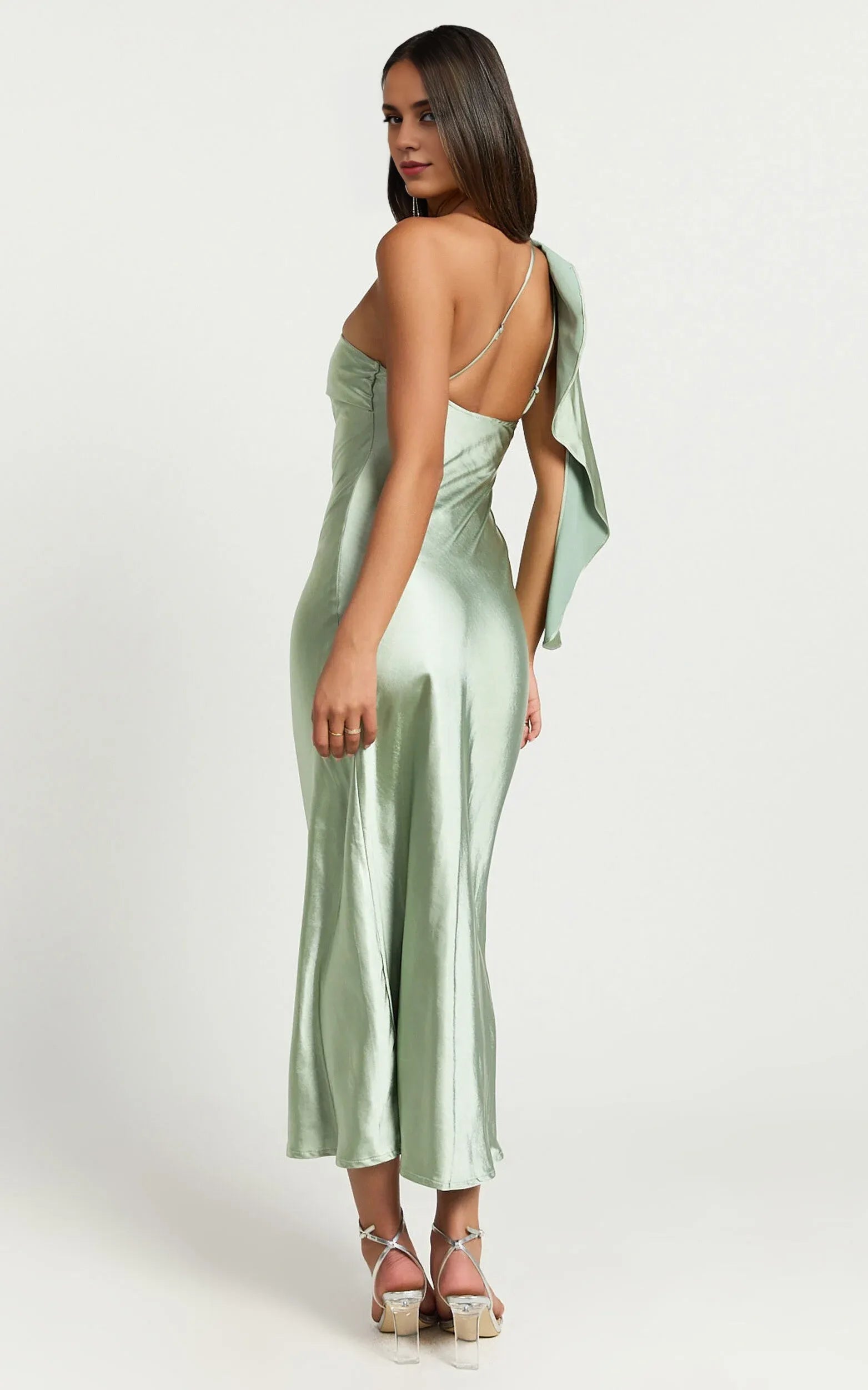 Weitese Dress Simple Strapless One shoulder Slip Midi Dress Solid Color Sleeveless Backless Satin Sage Party Evening Dress