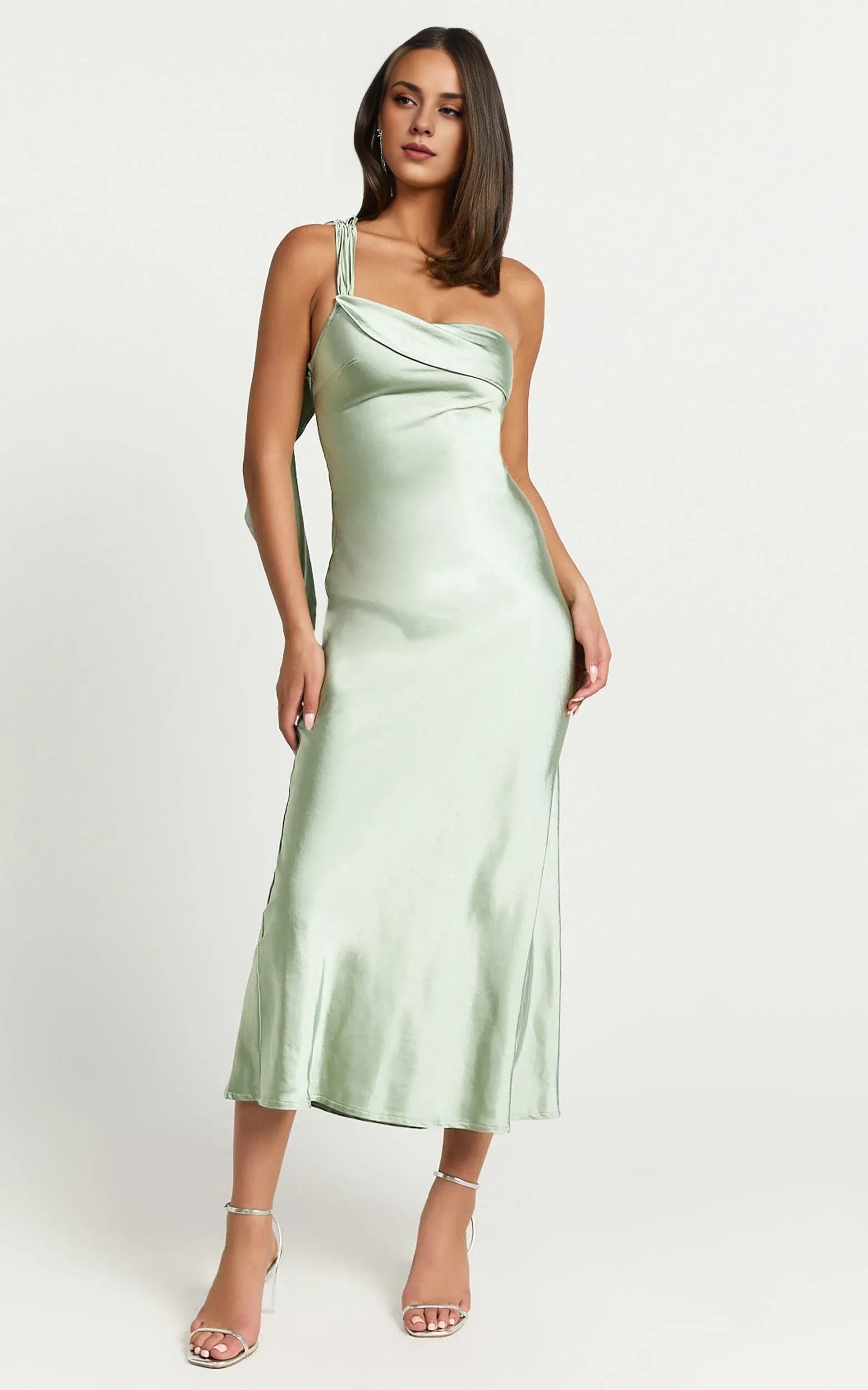 Weitese Dress Simple Strapless One shoulder Slip Midi Dress Solid Color Sleeveless Backless Satin Sage Party Evening Dress