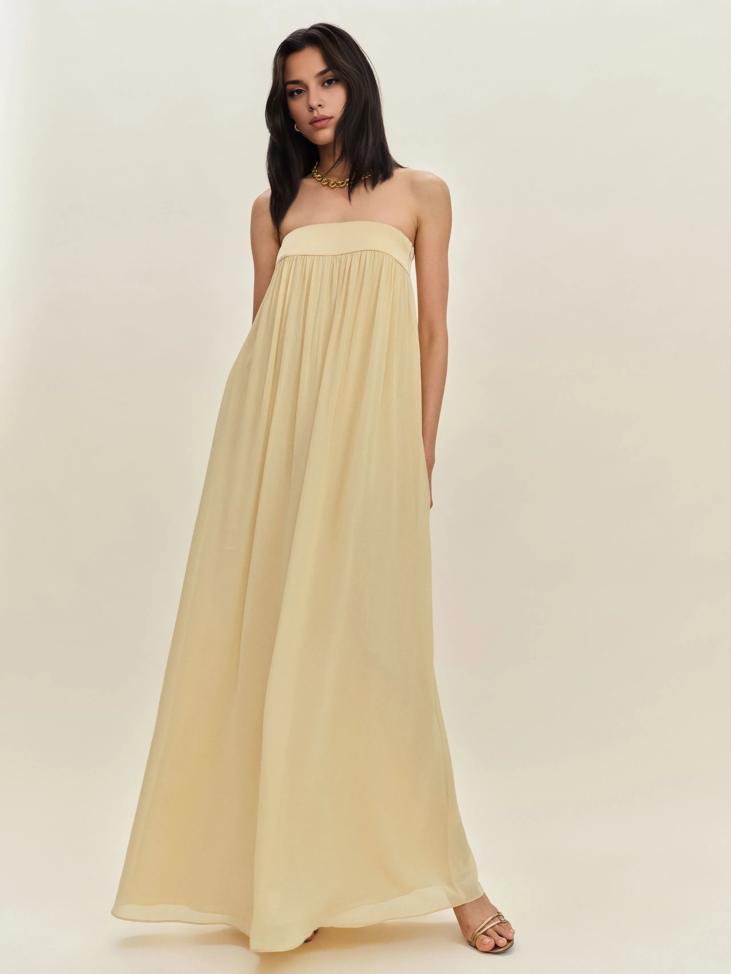 Robe Weitese simple, sans bretelles, sans manches, coupe trapèze, robe de bal, robe longue, robe de soirée plissée, dos nu 