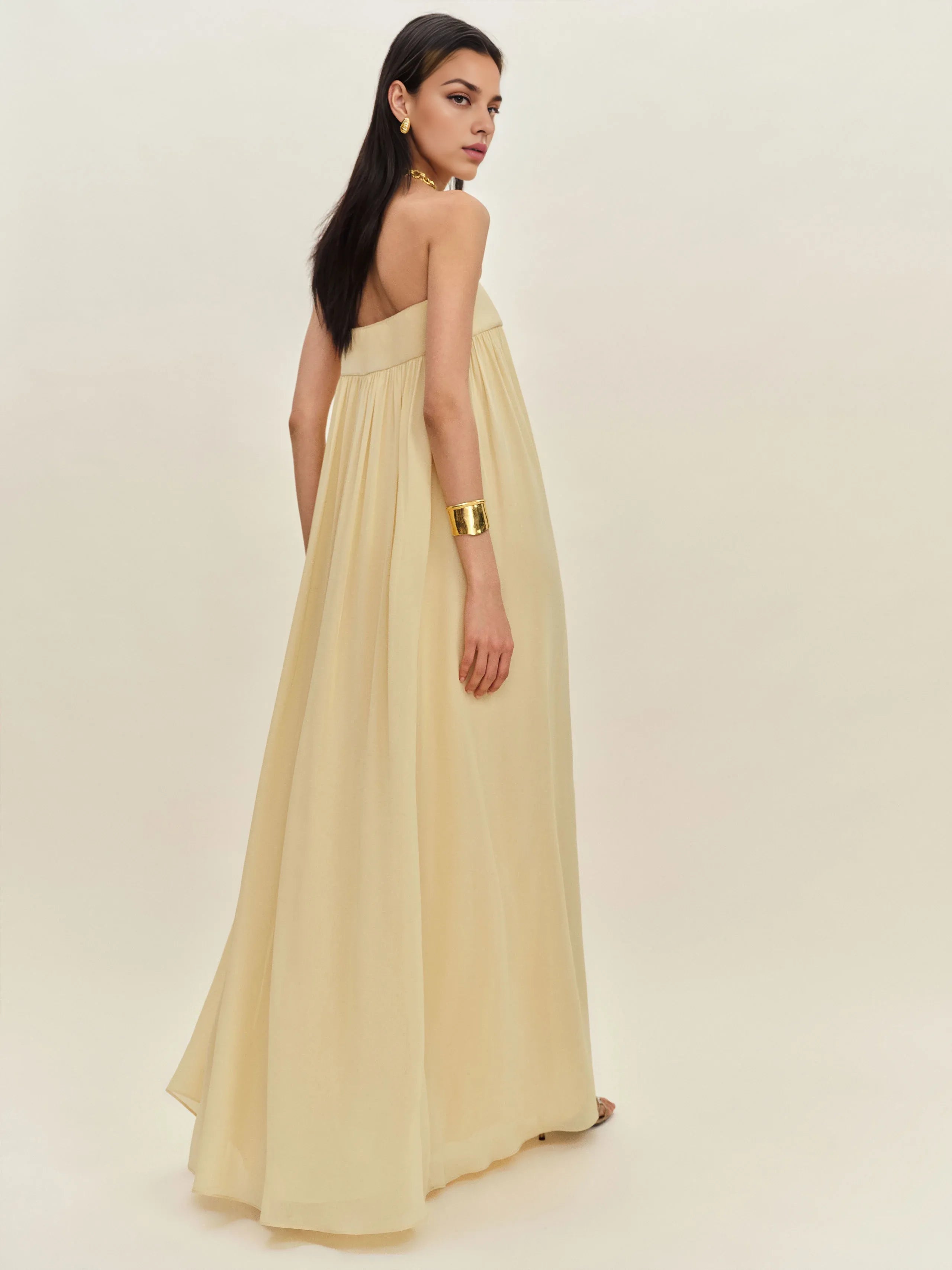 Robe Weitese simple, sans bretelles, sans manches, coupe trapèze, robe de bal, robe longue, robe de soirée plissée, dos nu 