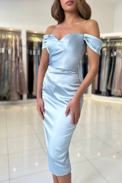 Weitese Dress Simple V-Neck Cap Sleeves Column Satin Evening Dress Pleated Prom Dress