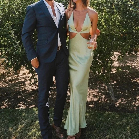 Weitese Dress Simple V Neck Sleeveless Mermaid Cutout Waist Long Evening Prom Dresses Formal Wear Dresses