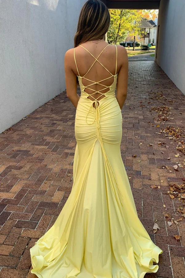 Weitese Dress Simple & Casual Mermaid V Neck Straps Sleeveless Criss Cross Straps Floor Length Wedding Guest Dress Prom Party Gown with Train