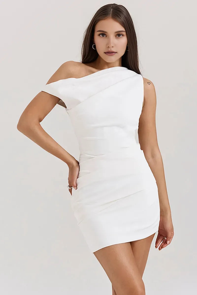 Weitese Dress Skew Neck Bodycon Sleeveless Asymmetric Mini Dresses Homecoming Dress White
