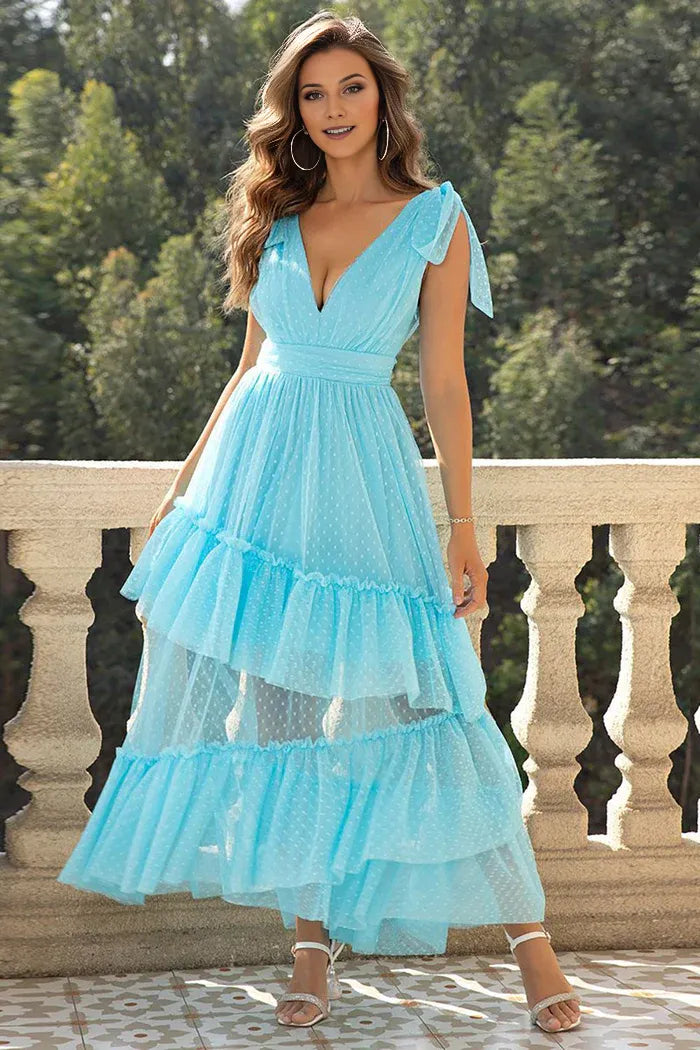 Robe Weitese bleu ciel, coupe trapèze, col en V, en tulle, robe longue de soirée, sans manches, à volants, robe de bal 