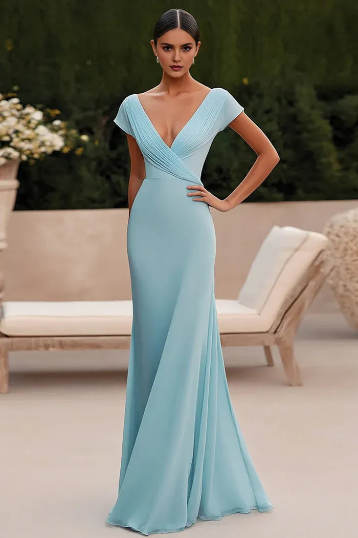 Weitese Dress Sky Blue Mermaid Deep V-Neck Floor-Length Formal Dress With Pleats Prom Dress